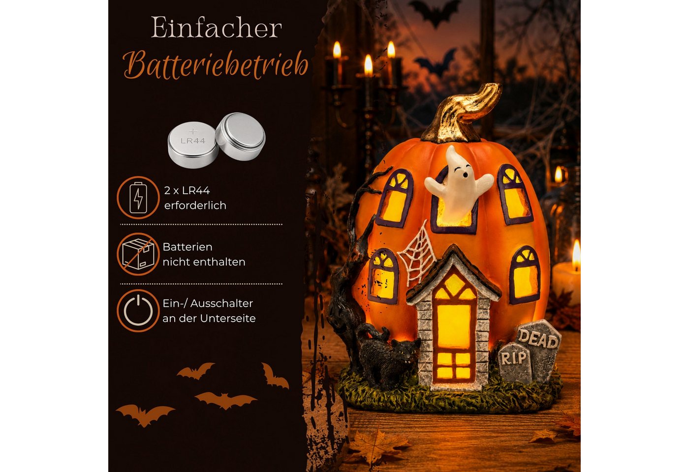 matches21 HOME & HOBBY Dekolicht LED Halloween Kürbis-Haus in 14x18x11 cm - Geist Dekofigur aus Poly, LED, Warmweiß, LED-Kürbis-Haus - Polyresin - 2×LR44 - kein Timer