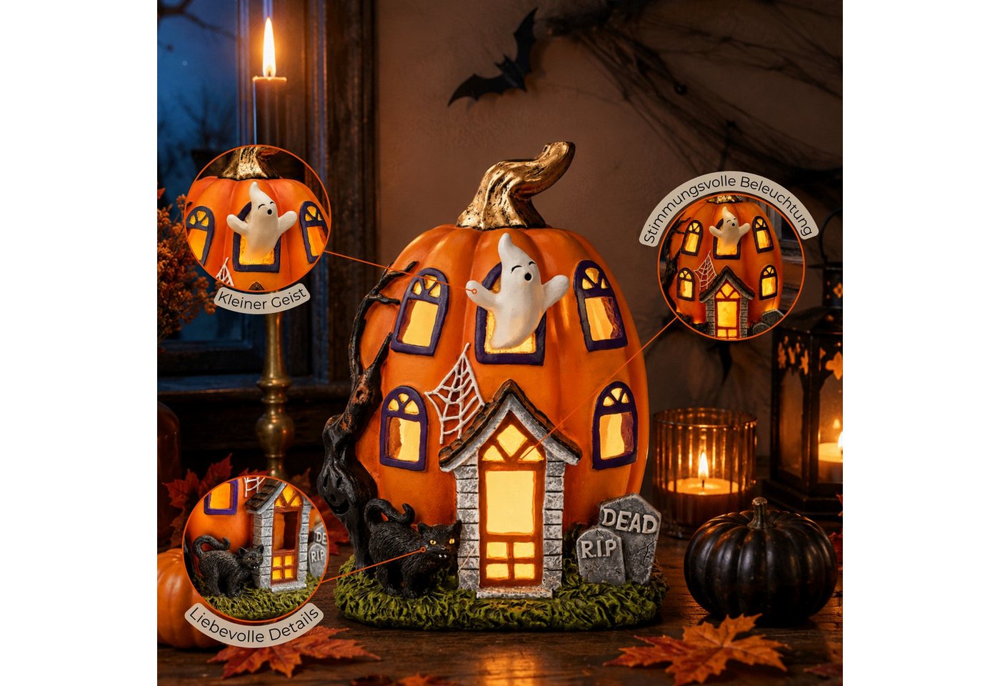 matches21 HOME & HOBBY Dekolicht LED Halloween Kürbis-Haus in 14x18x11 cm - Geist Dekofigur aus Poly, LED, Warmweiß, LED-Kürbis-Haus - Polyresin - 2×LR44 - kein Timer Bild 2