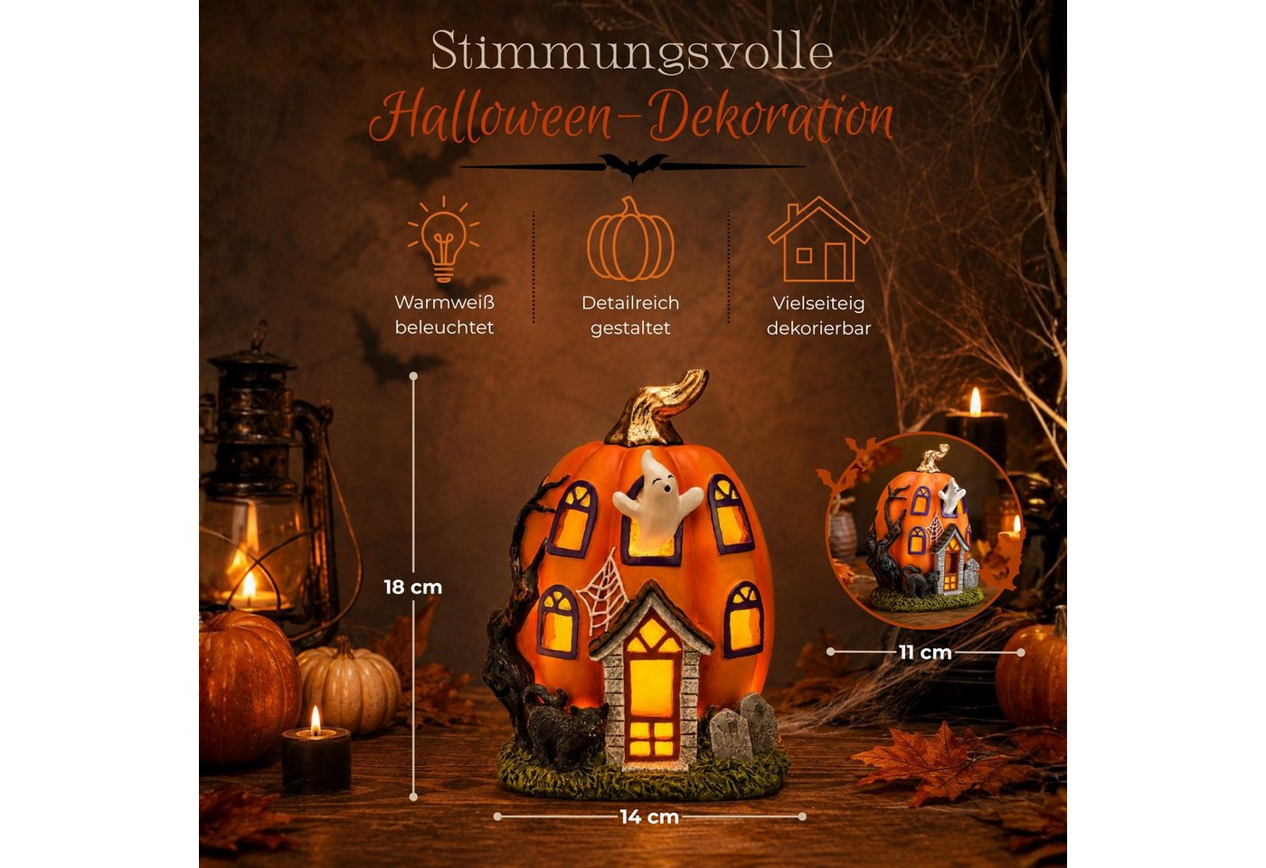 matches21 HOME & HOBBY Dekolicht LED Halloween Kürbis-Haus in 14x18x11 cm - Geist Dekofigur aus Poly, LED, Warmweiß, LED-Kürbis-Haus - Polyresin - 2×LR44 - kein Timer Bild 3