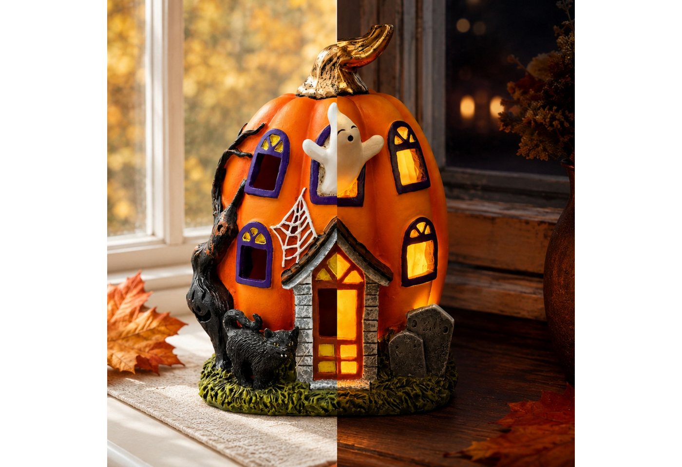 matches21 HOME & HOBBY Dekolicht LED Halloween Kürbis-Haus in 14x18x11 cm - Geist Dekofigur aus Poly, LED, Warmweiß, LED-Kürbis-Haus - Polyresin - 2×LR44 - kein Timer Bild 4