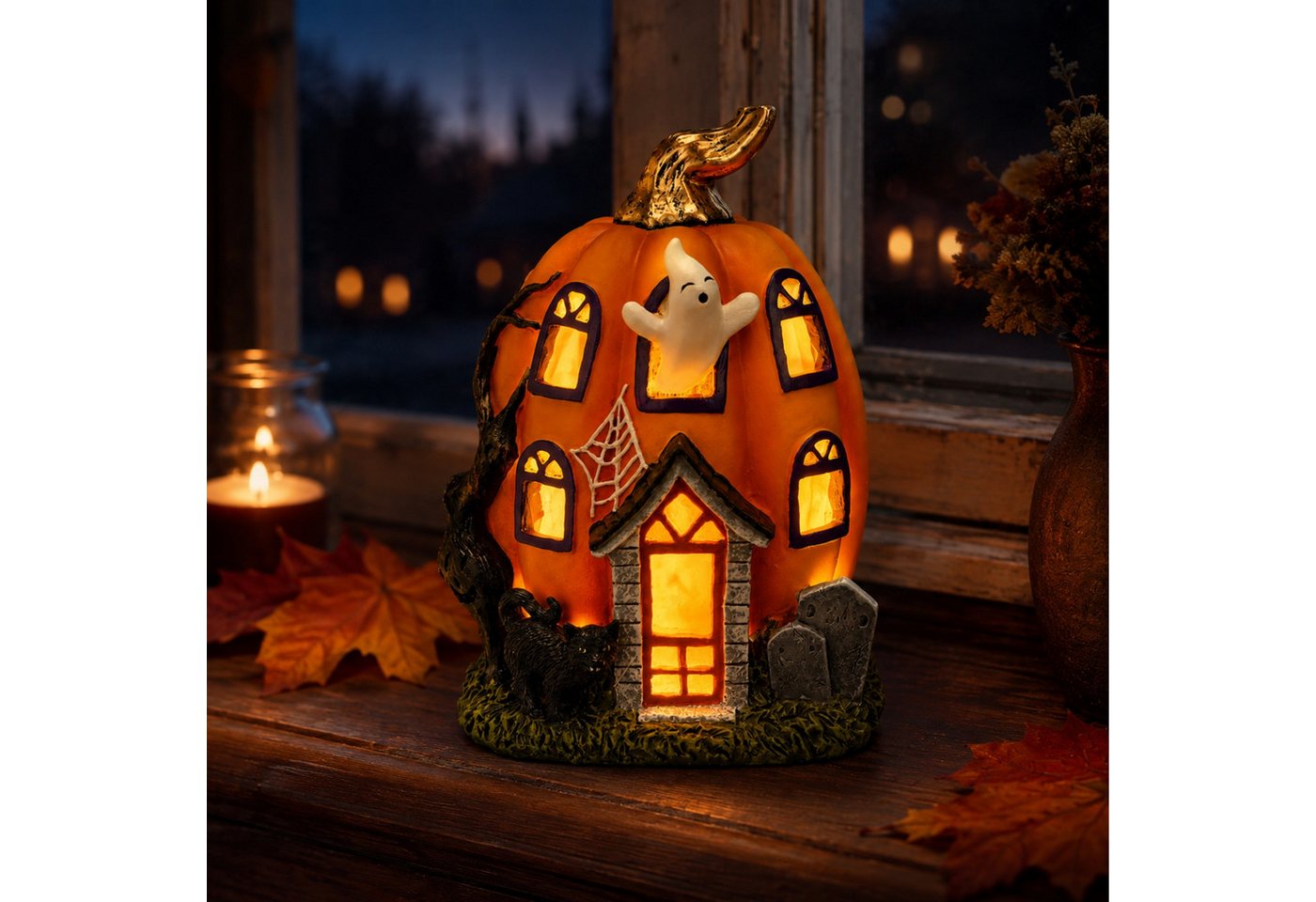 matches21 HOME & HOBBY Dekolicht LED Halloween Kürbis-Haus in 14x18x11 cm - Geist Dekofigur aus Poly, LED, Warmweiß, LED-Kürbis-Haus - Polyresin - 2×LR44 - kein Timer Bild 5