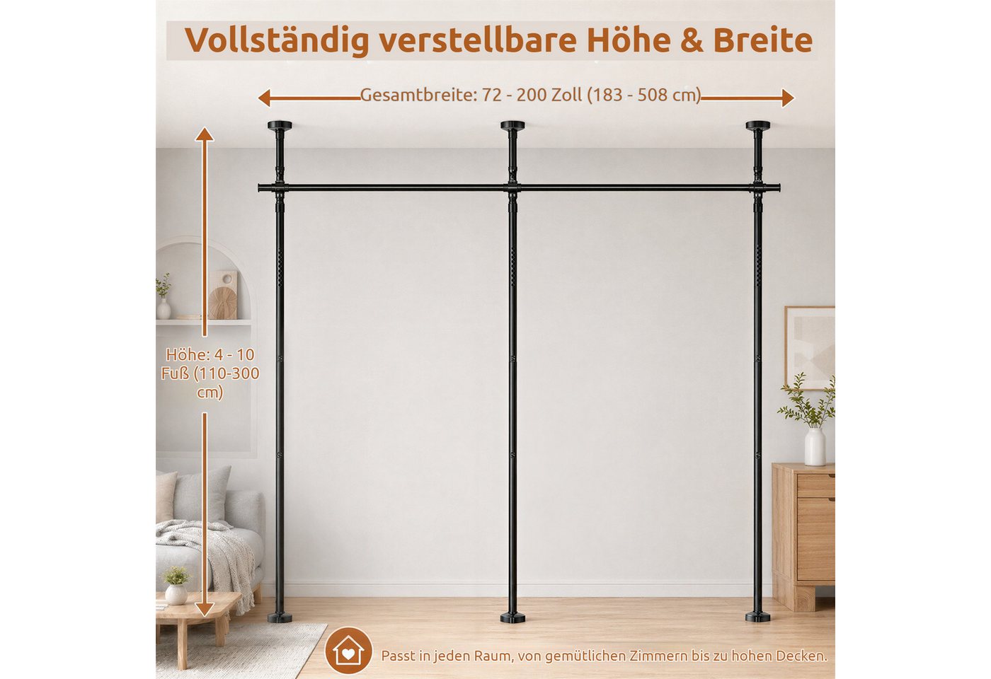 BlingBin Raumteiler Bohrfreier Raumteiler Spannstange, verstellbares Raumtrenn‑Spannsystem, 3‑vertikal 2‑horizontal, mit Vorhang,Höhe 110‑300 cm,Breite 183‑508 cm 7-tlg., freistehende Sichtschutz Trennwand für Mietwohnung, Homeoffice, Balkon