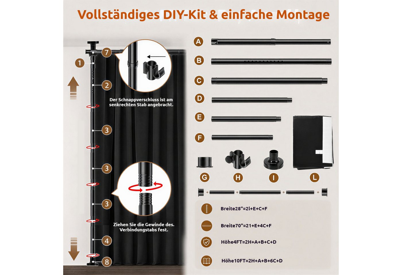 BlingBin Raumteiler Bohrfreier Raumteiler Spannstange, verstellbares Raumtrenn‑Spannsystem, 3‑vertikal 2‑horizontal, mit Vorhang,Höhe 110‑300 cm,Breite 183‑508 cm 7-tlg., freistehende Sichtschutz Trennwand für Mietwohnung, Homeoffice, Balkon Bild 2
