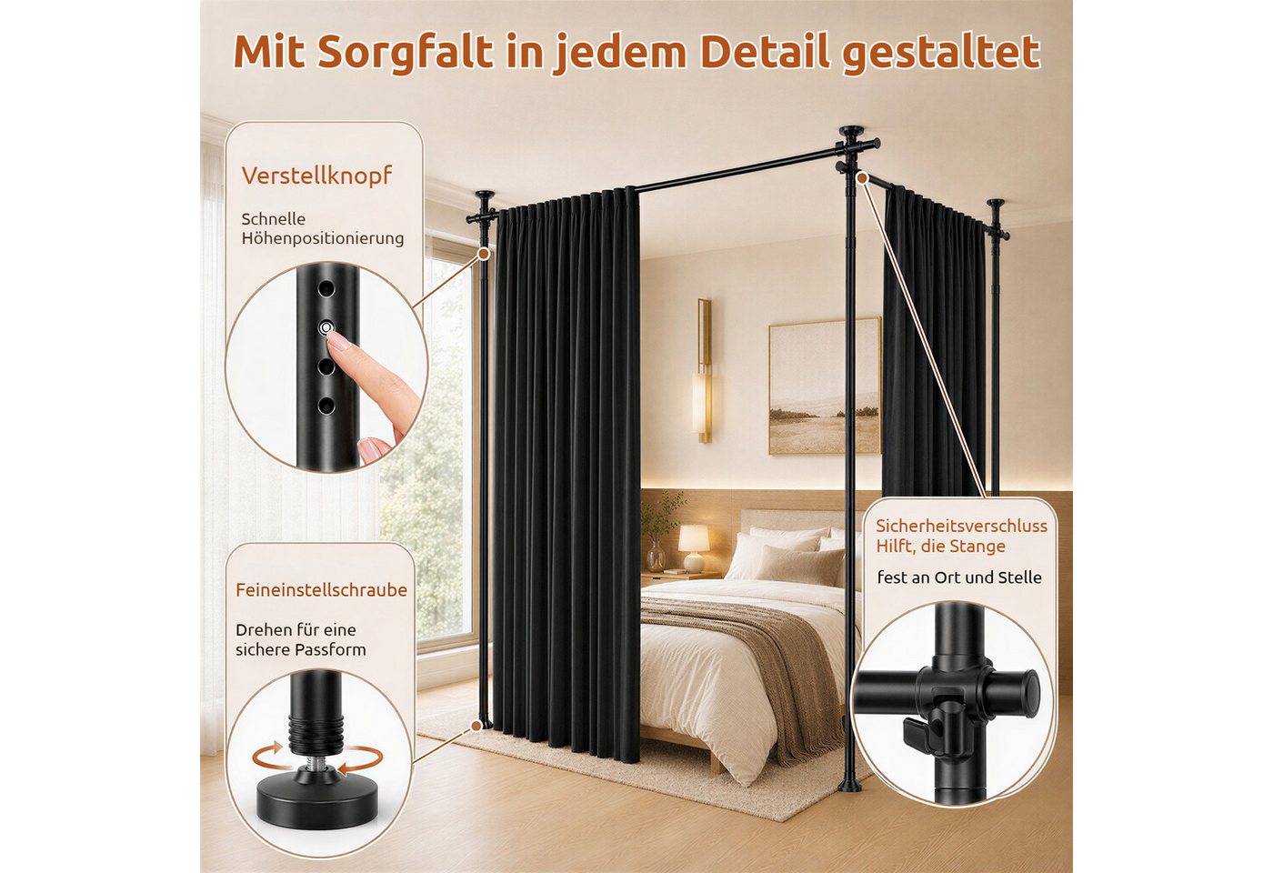 BlingBin Raumteiler Bohrfreier Raumteiler Spannstange, verstellbares Raumtrenn‑Spannsystem, 3‑vertikal 2‑horizontal, mit Vorhang,Höhe 110‑300 cm,Breite 183‑508 cm 7-tlg., freistehende Sichtschutz Trennwand für Mietwohnung, Homeoffice, Balkon Bild 4
