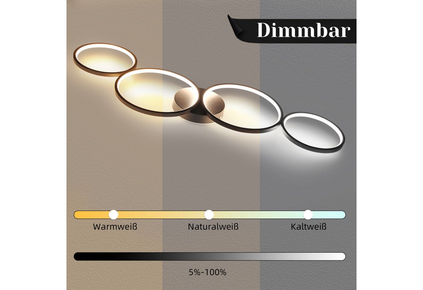 ZMH LED Deckenleuchte 4-Ring-Design, dimmbare Wohnzimmerlampe mit Fernbedienung, 3000–6500 K, Memory-Funktion, LED fest integriert, Warmweiß, Neutralweiß und Kaltweiß, 56W,moderne Deckenlampe für Wohnzimmer Schlafzimmer Büro Bild 2
