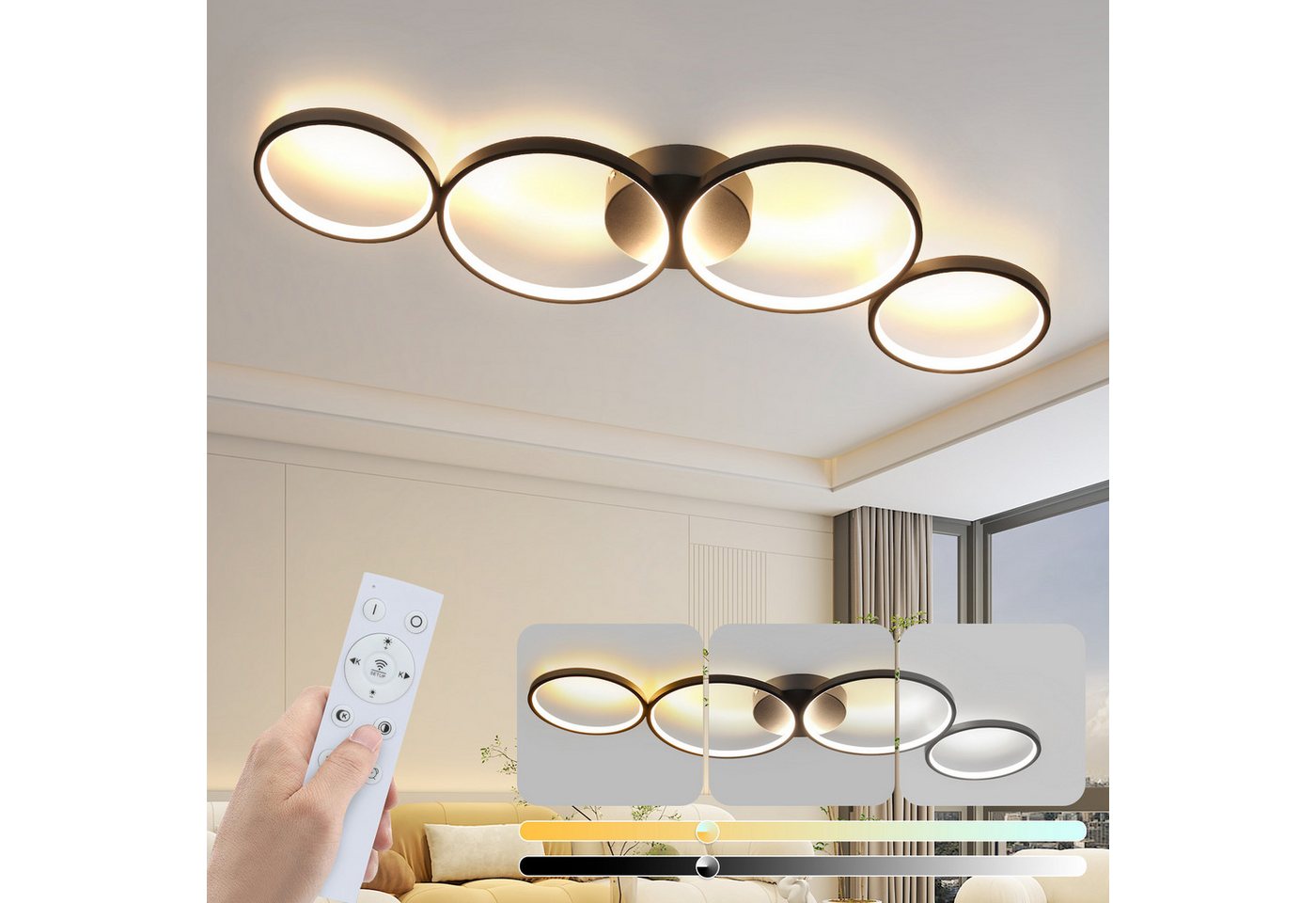 ZMH LED Deckenleuchte 4-Ring-Design, dimmbare Wohnzimmerlampe mit Fernbedienung, 3000–6500 K, Memory-Funktion, LED fest integriert, Warmweiß, Neutralweiß und Kaltweiß, 56W,moderne Deckenlampe für Wohnzimmer Schlafzimmer Büro Bild 4