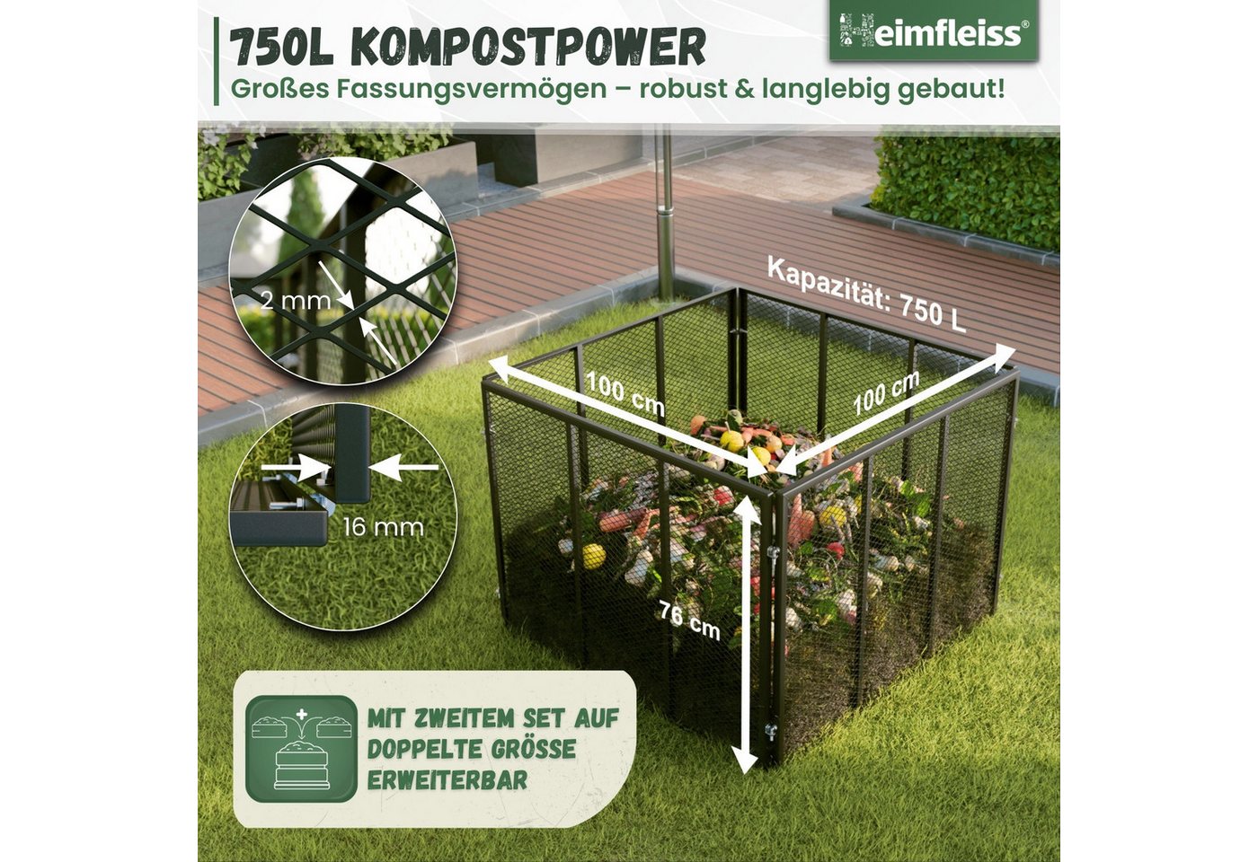 Heimfleiss® Komposter Metall verzinkt Garten Stecksystem, BxTxH: 100x100x75 cm, 750 l, 750 L 100x100x75 cm Bild 4