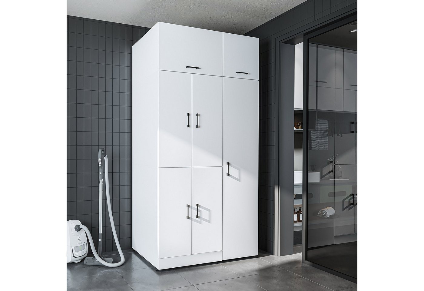 Roomart Waschmaschinenumbauschrank DORA 115 cm Waschmaschinenschrank + Hochschrank, 2 Höhen, in 5 Farben (für Waschmaschine & Trockner mit Regalboden, Waschmaschinenschrank mit Hochschrank – 2 Höhen, 2 Regalboden-Optionen) 130 kg Belastbarkeit, Hochschrank links/rechts, in 5 Farben, 2 Höhen