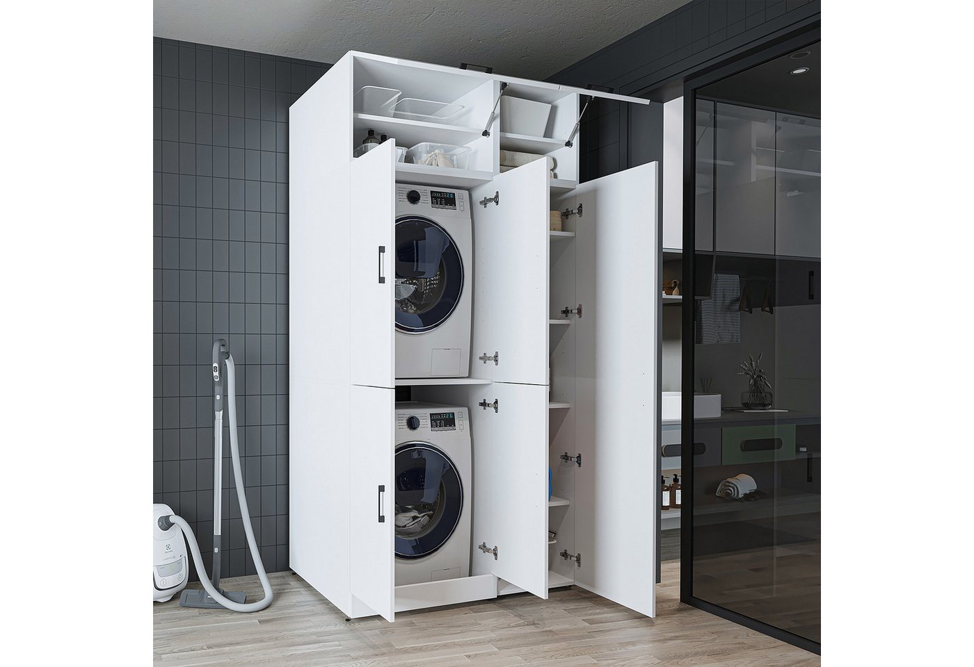 Roomart Waschmaschinenumbauschrank DORA 115 cm Waschmaschinenschrank + Hochschrank, 2 Höhen, in 5 Farben (für Waschmaschine & Trockner mit Regalboden, Waschmaschinenschrank mit Hochschrank – 2 Höhen, 2 Regalboden-Optionen) 130 kg Belastbarkeit, Hochschrank links/rechts, in 5 Farben, 2 Höhen Bild 2