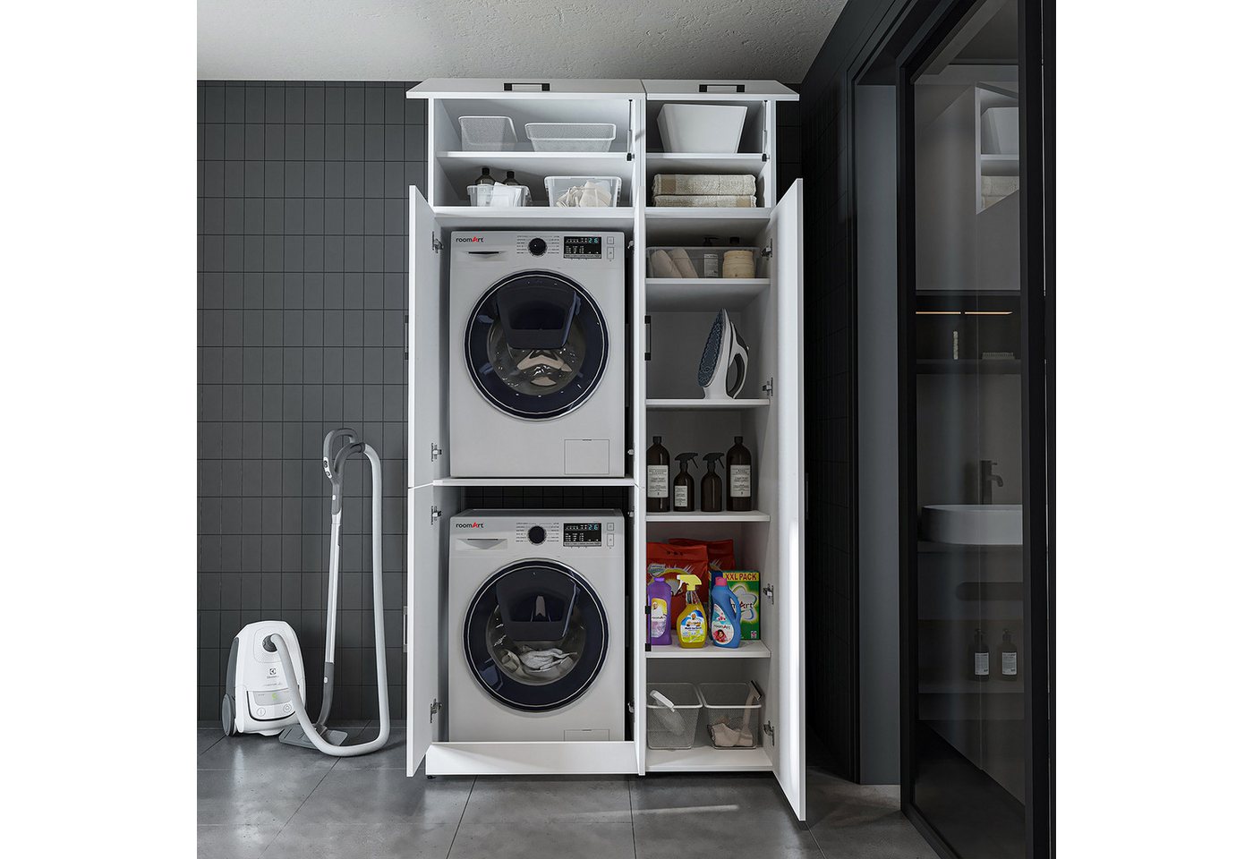 Roomart Waschmaschinenumbauschrank DORA 115 cm Waschmaschinenschrank + Hochschrank, 2 Höhen, in 5 Farben (für Waschmaschine & Trockner mit Regalboden, Waschmaschinenschrank mit Hochschrank – 2 Höhen, 2 Regalboden-Optionen) 130 kg Belastbarkeit, Hochschrank links/rechts, in 5 Farben, 2 Höhen Bild 3