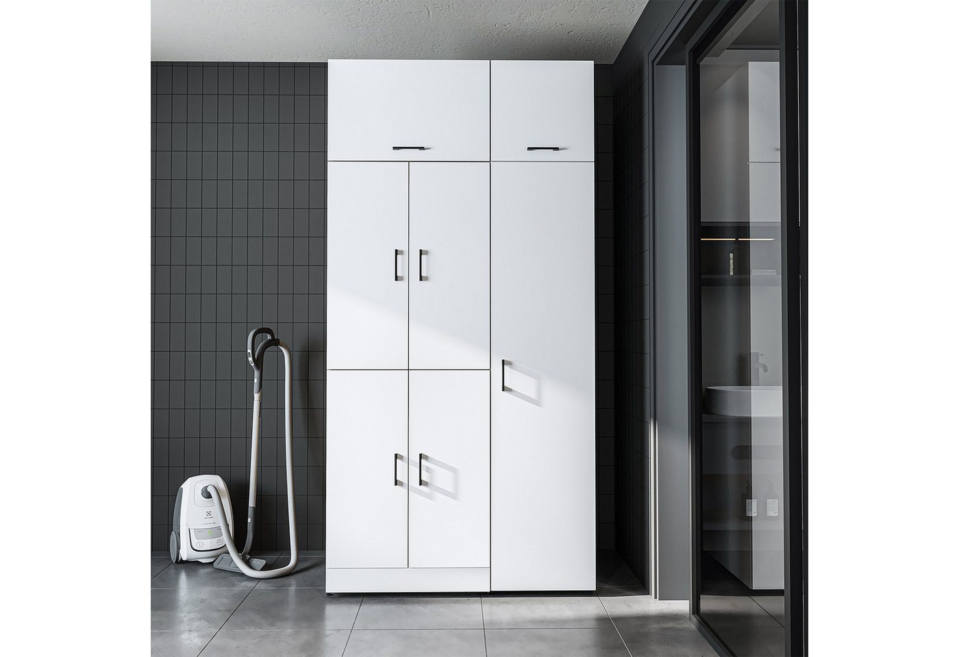 Roomart Waschmaschinenumbauschrank DORA 115 cm Waschmaschinenschrank + Hochschrank, 2 Höhen, in 5 Farben (für Waschmaschine & Trockner mit Regalboden, Waschmaschinenschrank mit Hochschrank – 2 Höhen, 2 Regalboden-Optionen) 130 kg Belastbarkeit, Hochschrank links/rechts, in 5 Farben, 2 Höhen Bild 5