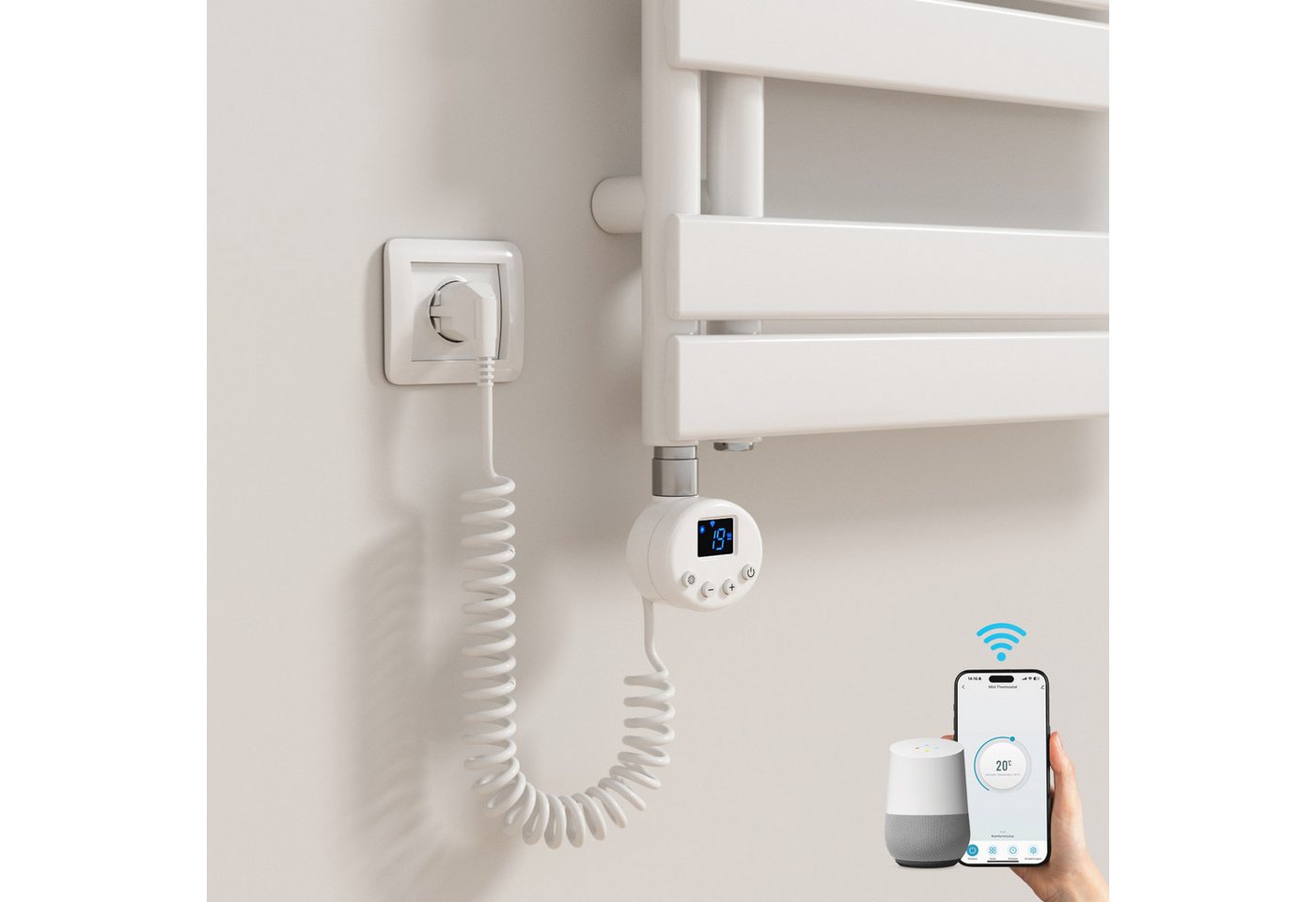 MEYKOERS Heizstab mit Thermostat WLAN App-Steuerung 600 W für Badheizkörper, Weiß, G1/2-Heizpatrone mit App-Steuerung und Wochenprogramm