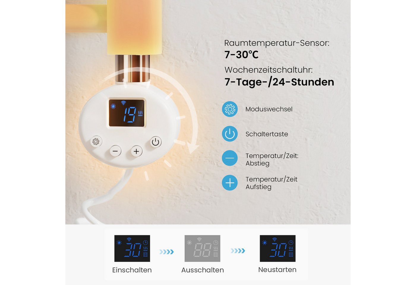 MEYKOERS Heizstab mit Thermostat WLAN App-Steuerung 600 W für Badheizkörper, Weiß, G1/2-Heizpatrone mit App-Steuerung und Wochenprogramm Bild 4