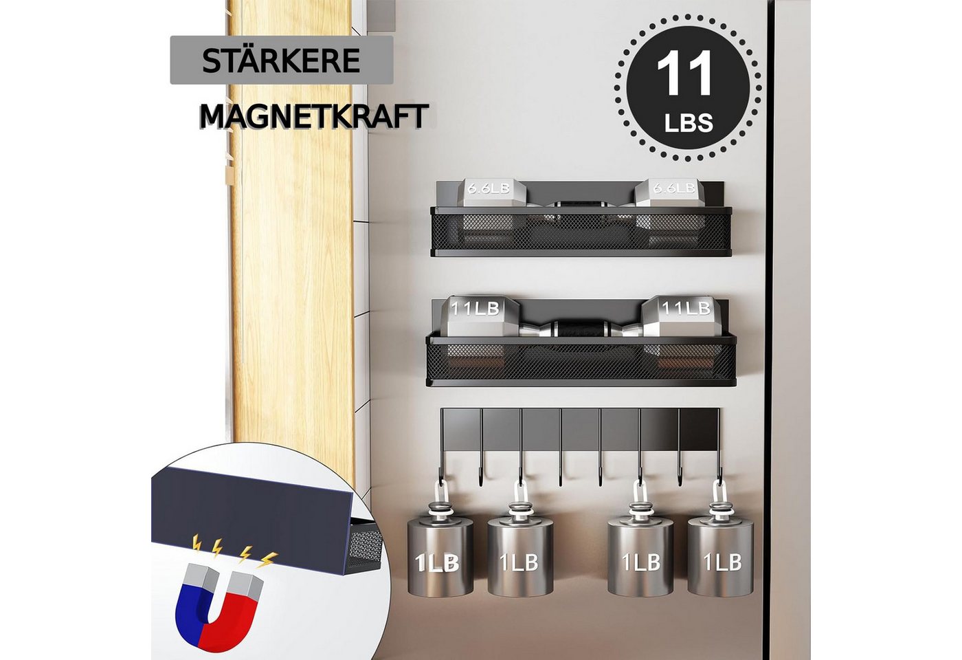 Toomoke Gewürzregal Magnetisches Kühlschrankregal mit 2 Ablagen und 8 Haken, Kühlschrank-Organizer, Gewürzhalter, 3-teilig, ohne Bohren, 2 Magnetablagen plus separate Hakenleiste mit 8 Haken Bild 2