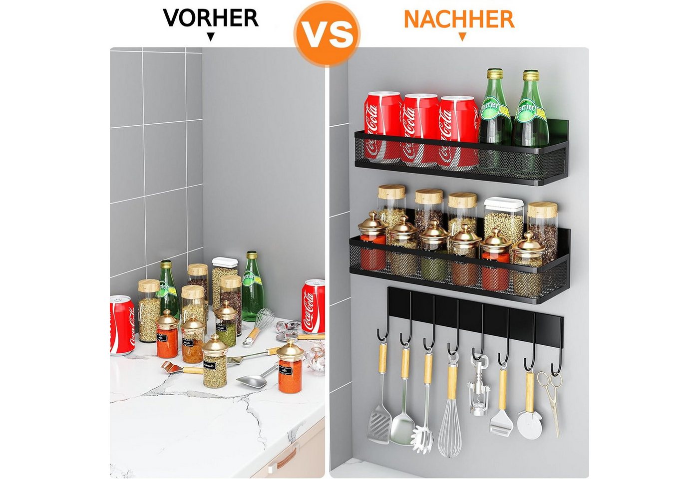 Toomoke Gewürzregal Magnetisches Kühlschrankregal mit 2 Ablagen und 8 Haken, Kühlschrank-Organizer, Gewürzhalter, 3-teilig, ohne Bohren, 2 Magnetablagen plus separate Hakenleiste mit 8 Haken Bild 4