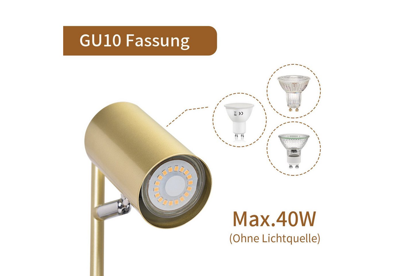 Nettlife Tischleuchte Nachttischlampe Schwarz/Weiß/Gold GU10 Fassung Kabel und Schalter, ohne Leuchtmittel, Metall Schreibtischlampe Leselampe für Schlafzimmer Wohnzimmer Büro