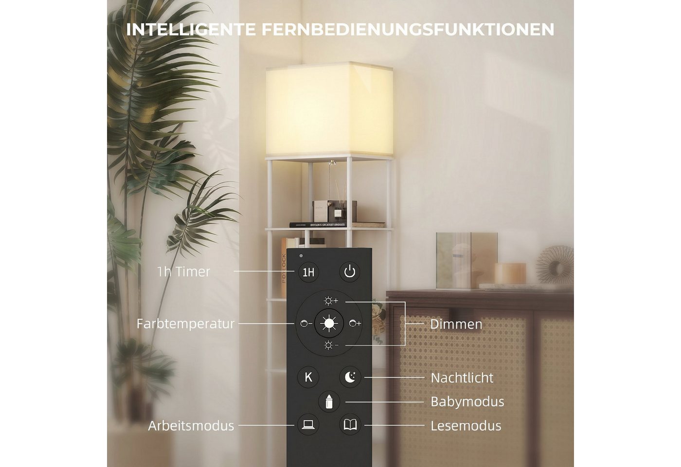 HOMCOM Stehlampe Stehleuchte mit E27-Birne, Dimmfunktion, Farbtemperaturwechsel, Timer, LED wechselbar, Warmweiß, Kaltweiß, Stehlampe mit 5 Regalen, Fernbedienung