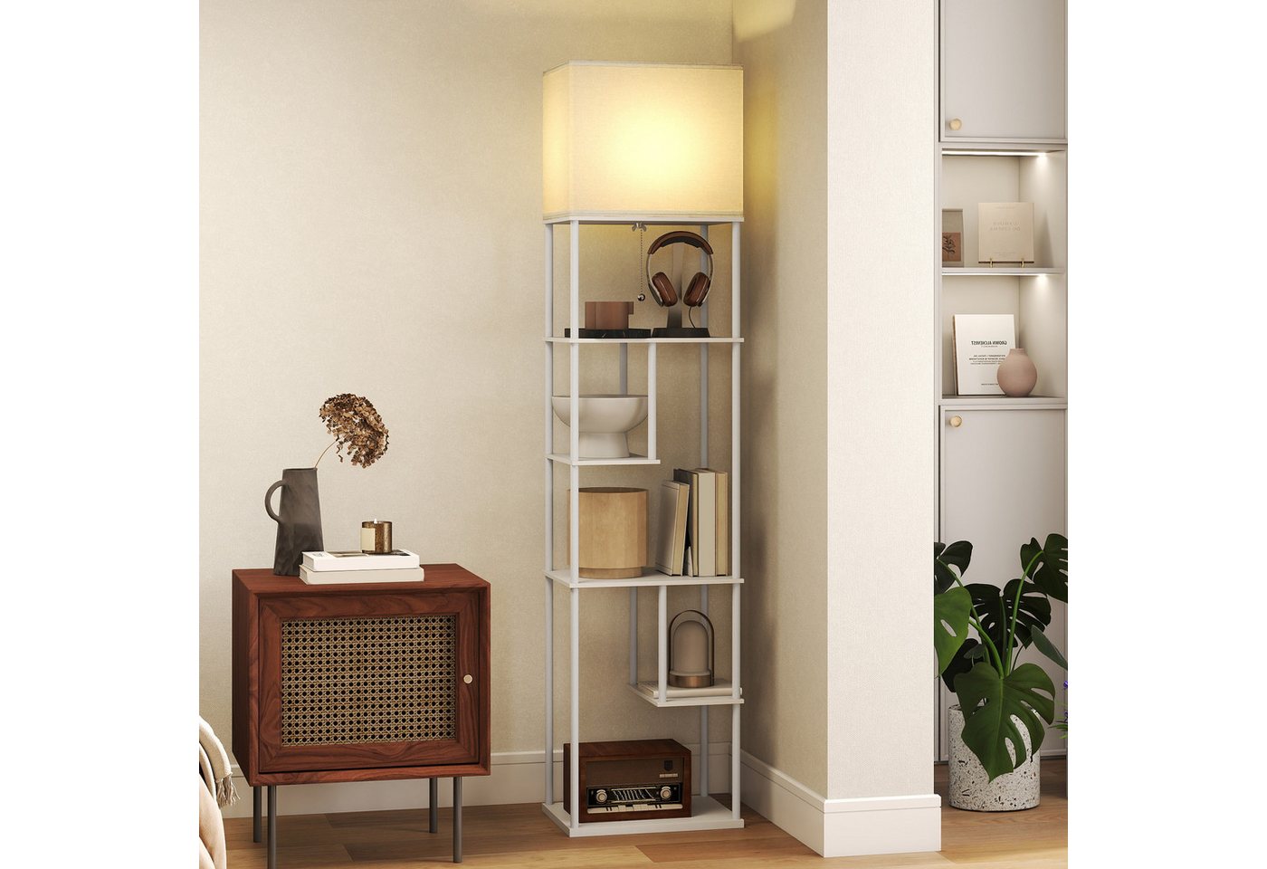 HOMCOM Stehlampe Stehleuchte mit E27-Birne, Dimmfunktion, Farbtemperaturwechsel, Timer, LED wechselbar, Warmweiß, Kaltweiß, Stehlampe mit 5 Regalen, Fernbedienung Bild 2