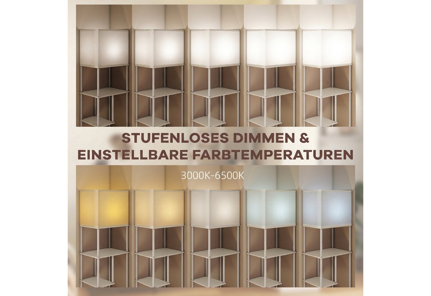 HOMCOM Stehlampe Stehleuchte mit E27-Birne, Dimmfunktion, Farbtemperaturwechsel, Timer, LED wechselbar, Warmweiß, Kaltweiß, Stehlampe mit 5 Regalen, Fernbedienung Bild 5