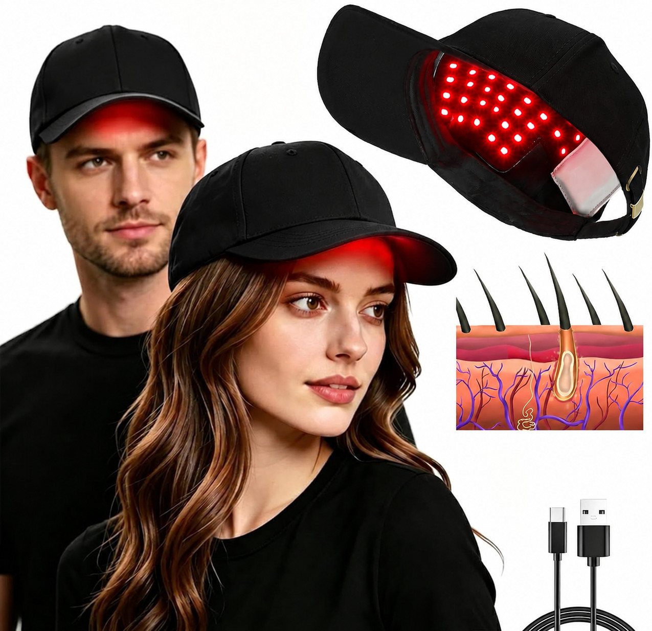 Toomoke Infrarotlampe Haarwuchskappe, LED-Kopfhautpflege, Rotlichtkappe, Haarpflege-Kappe für Damen und Herren, kabellos mit 4 Lichtmodi, 3 Wellenlängen, 4 Lichtmodi, 20-Min-Timer, 700-mAh-Akku, USB-C