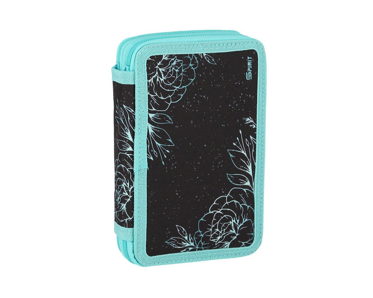 Spirit Federmäppchen SPIRIT Schüler Etui 28 teilig 2-Zipper Mäppchen FLOWERS Blumen türkis