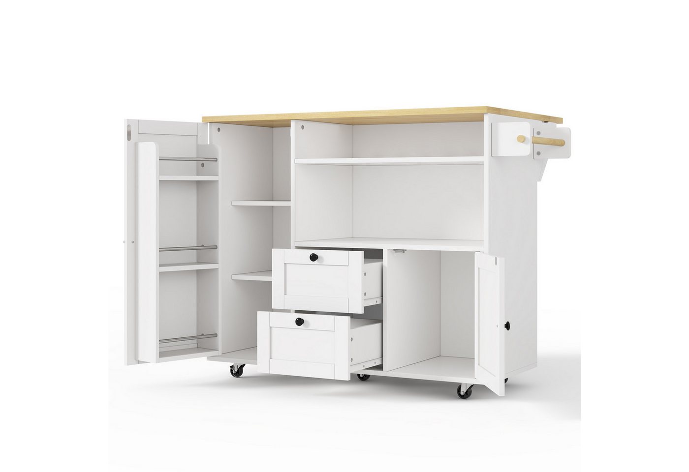 i@home Kücheninsel Küchenwagen freistehend mit Rollen und klappbarer Arbeitsplatte, (2 Schubladen und Weinregal), Servierwagen Stauraum für Küche und Esszimmer 104 cm