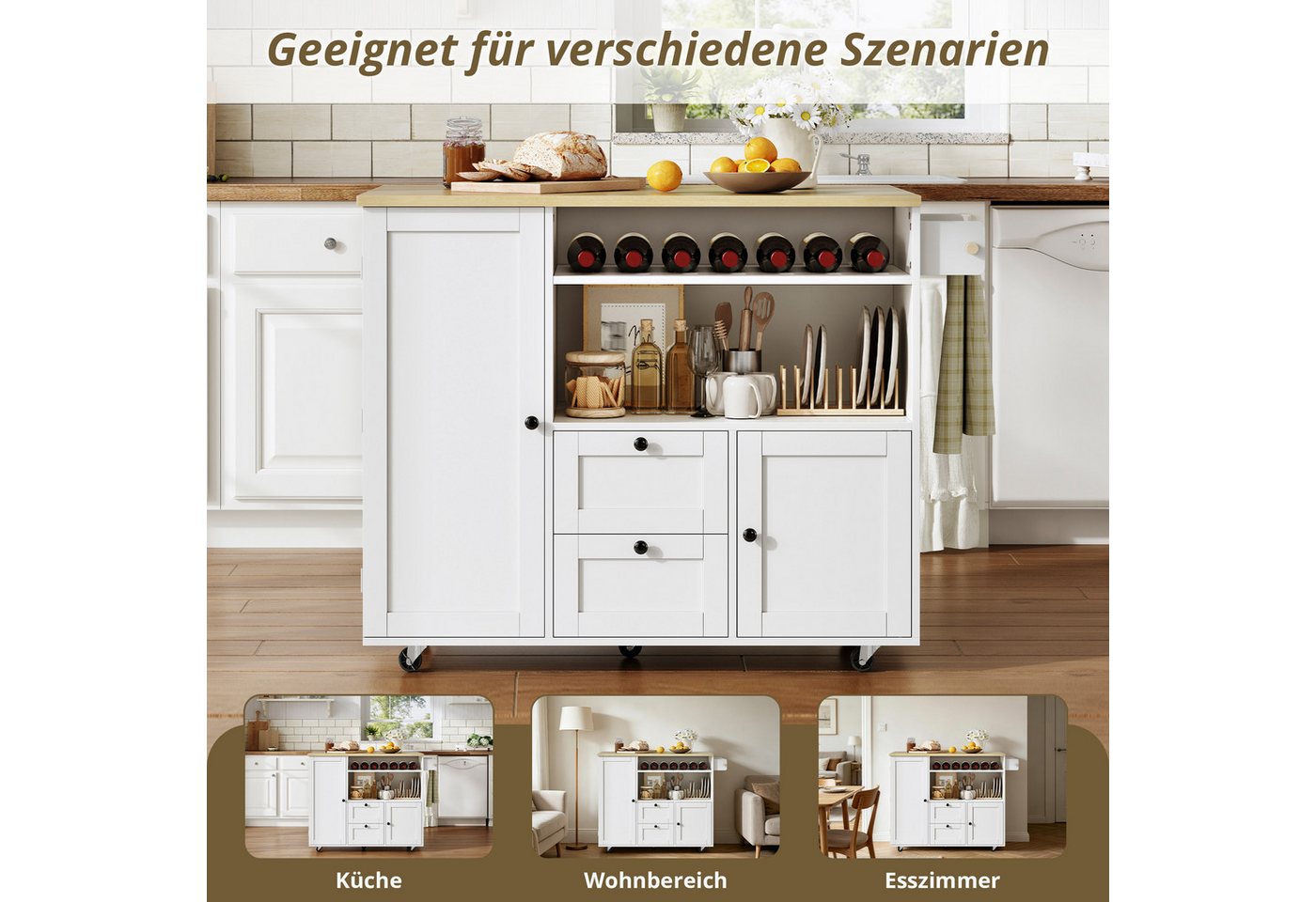 i@home Kücheninsel Küchenwagen freistehend mit Rollen und klappbarer Arbeitsplatte, (2 Schubladen und Weinregal), Servierwagen Stauraum für Küche und Esszimmer 104 cm Bild 2