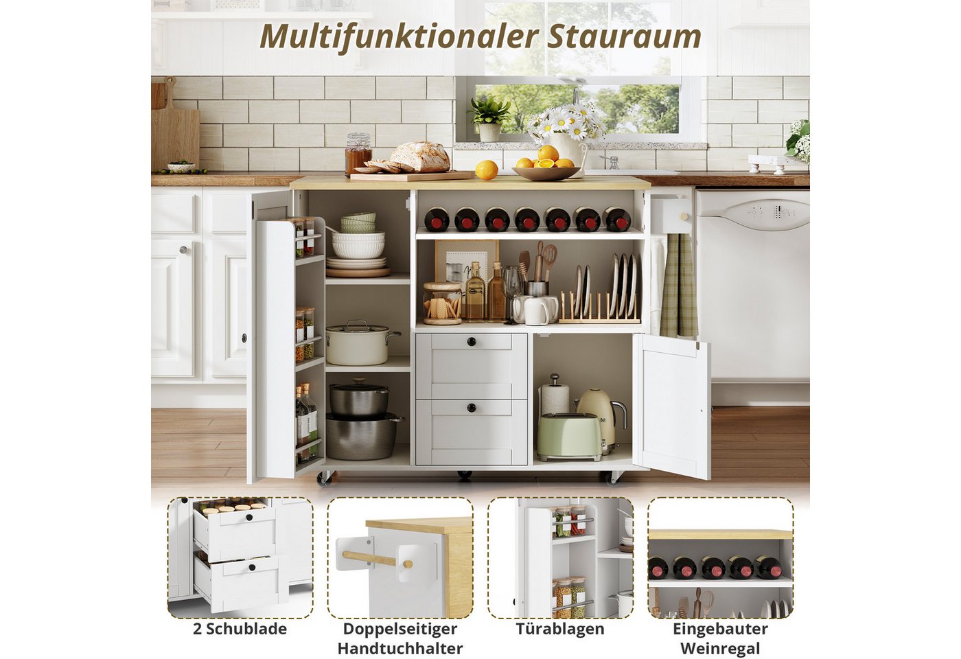 i@home Kücheninsel Küchenwagen freistehend mit Rollen und klappbarer Arbeitsplatte, (2 Schubladen und Weinregal), Servierwagen Stauraum für Küche und Esszimmer 104 cm Bild 3
