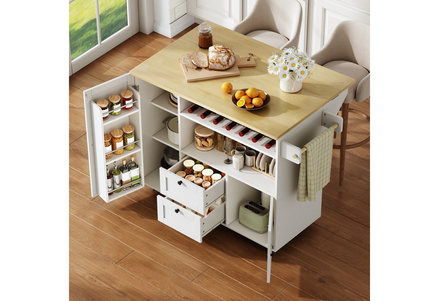i@home Kücheninsel Küchenwagen freistehend mit Rollen und klappbarer Arbeitsplatte, (2 Schubladen und Weinregal), Servierwagen Stauraum für Küche und Esszimmer 104 cm Bild 4