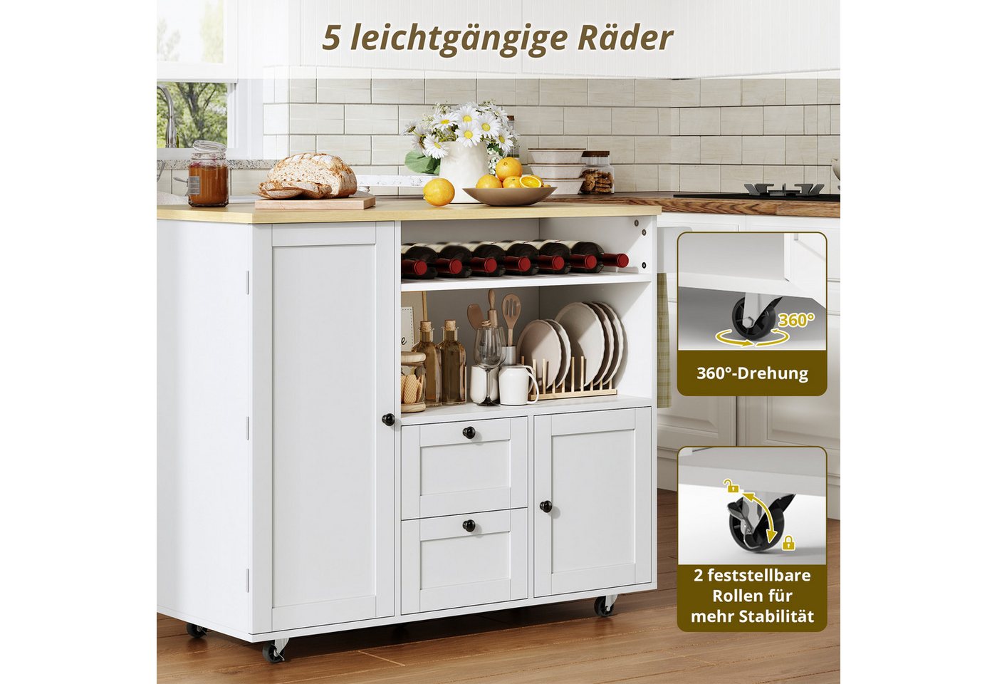 i@home Kücheninsel Küchenwagen freistehend mit Rollen und klappbarer Arbeitsplatte, (2 Schubladen und Weinregal), Servierwagen Stauraum für Küche und Esszimmer 104 cm Bild 5
