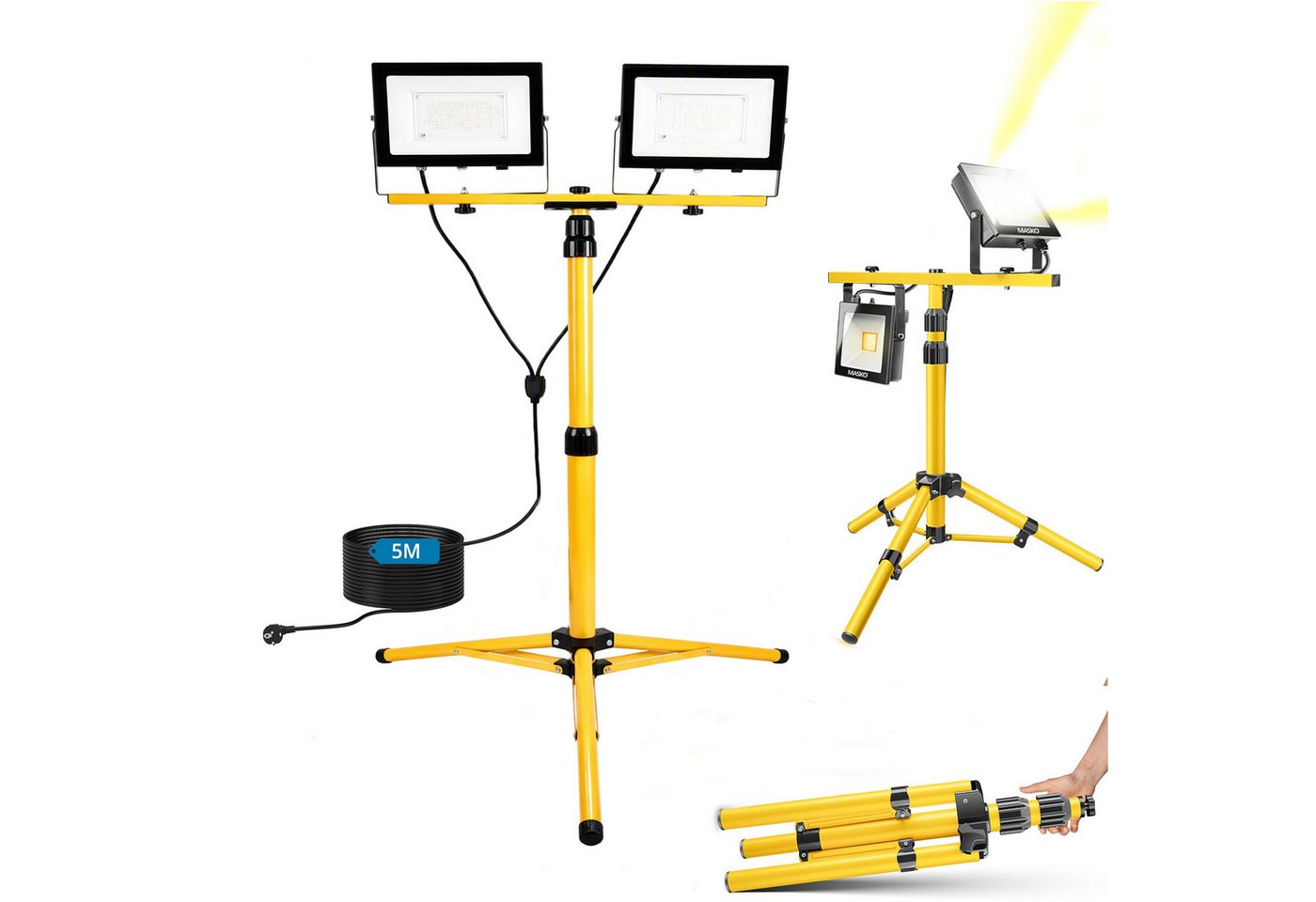 oyajia LED Baustrahler LED-Baustrahler mit Stativ, 2 x 200W, 34100 lm, Drehbarer LED Strahler, Höhenverstellbares Stativ und 5m Kabel, LED fest integriert, ‎Kaltweiß, Wasserdicht IP66 – für Garage, Werkstatt und Baustelle Bild 3