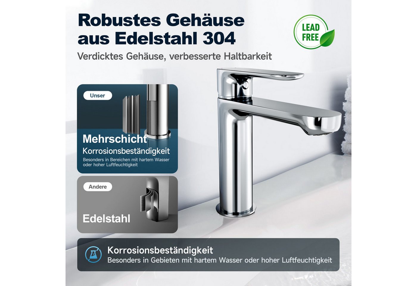 Alphabath Waschtischarmatur (Set, Bad Wasserhahn mit einem 3/8"-Zoll-Kompressionsgelenk) Chrom Badarmatur,mit Keramikkartusche,Edelstahl für Badezimmer Bild 5