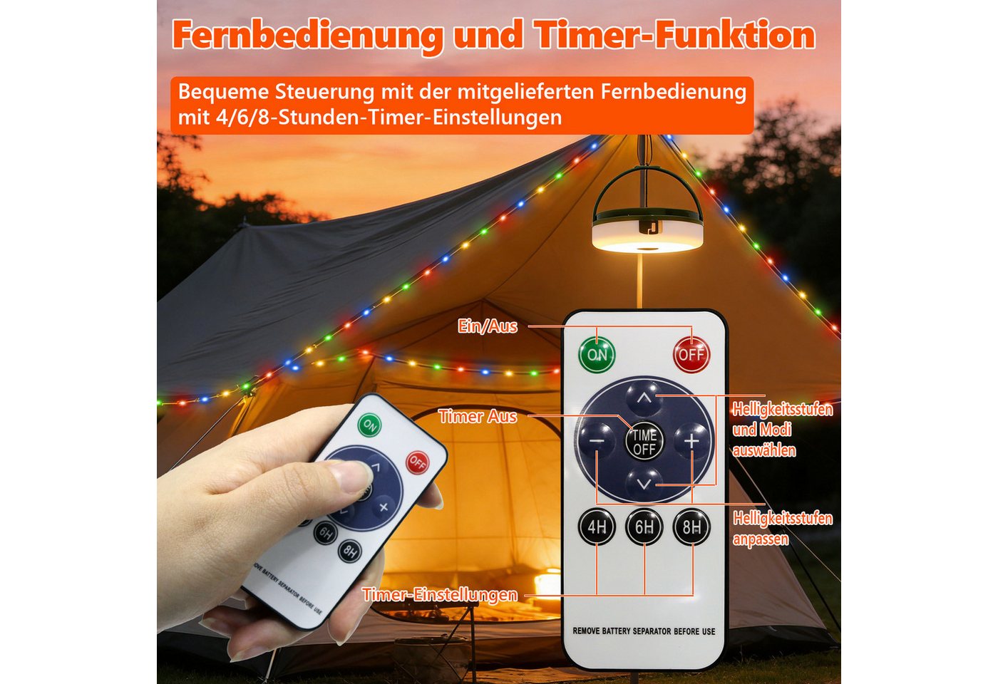 OZAVO LED-Lichterkette Camping Lichterkette 10M Aufrollbare 3-in-1 LED Lichterkette, 100-flammig, mit Fernbedienung & Timer&3 Modi,Solar und USB-Aufladung