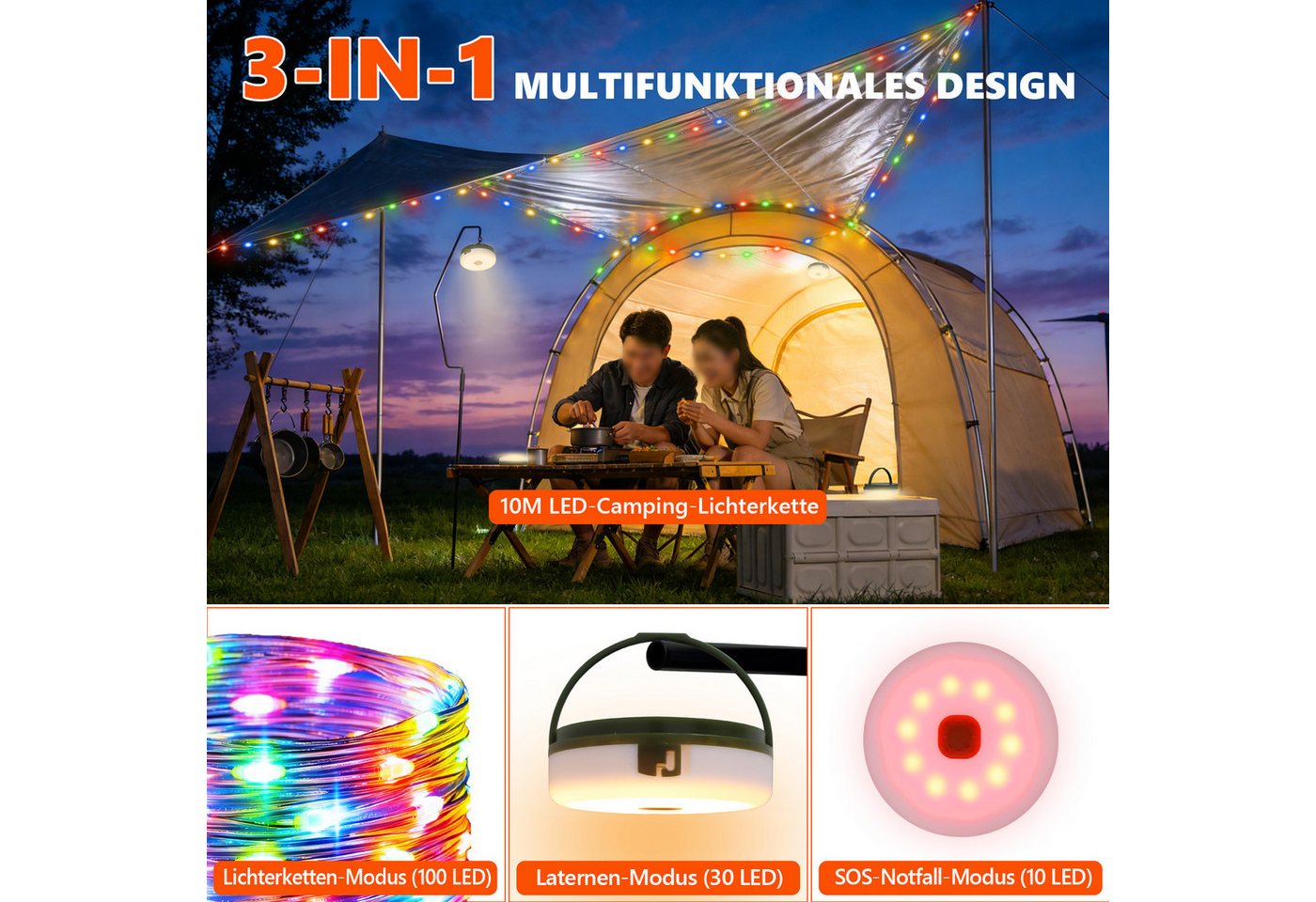 OZAVO LED-Lichterkette Camping Lichterkette 10M Aufrollbare 3-in-1 LED Lichterkette, 100-flammig, mit Fernbedienung & Timer&3 Modi,Solar und USB-Aufladung Bild 2