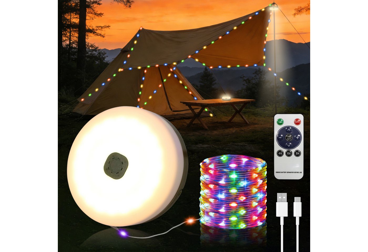 OZAVO LED-Lichterkette Camping Lichterkette 10M Aufrollbare 3-in-1 LED Lichterkette, 100-flammig, mit Fernbedienung & Timer&3 Modi,Solar und USB-Aufladung Bild 3