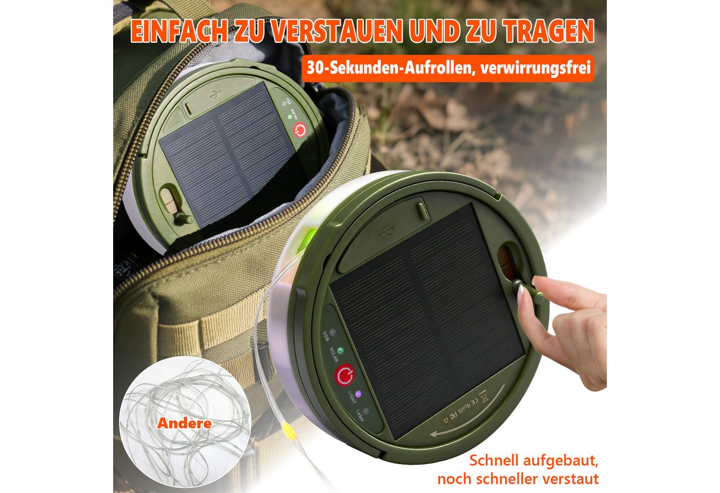 OZAVO LED-Lichterkette Camping Lichterkette 10M Aufrollbare 3-in-1 LED Lichterkette, 100-flammig, mit Fernbedienung & Timer&3 Modi,Solar und USB-Aufladung Bild 4