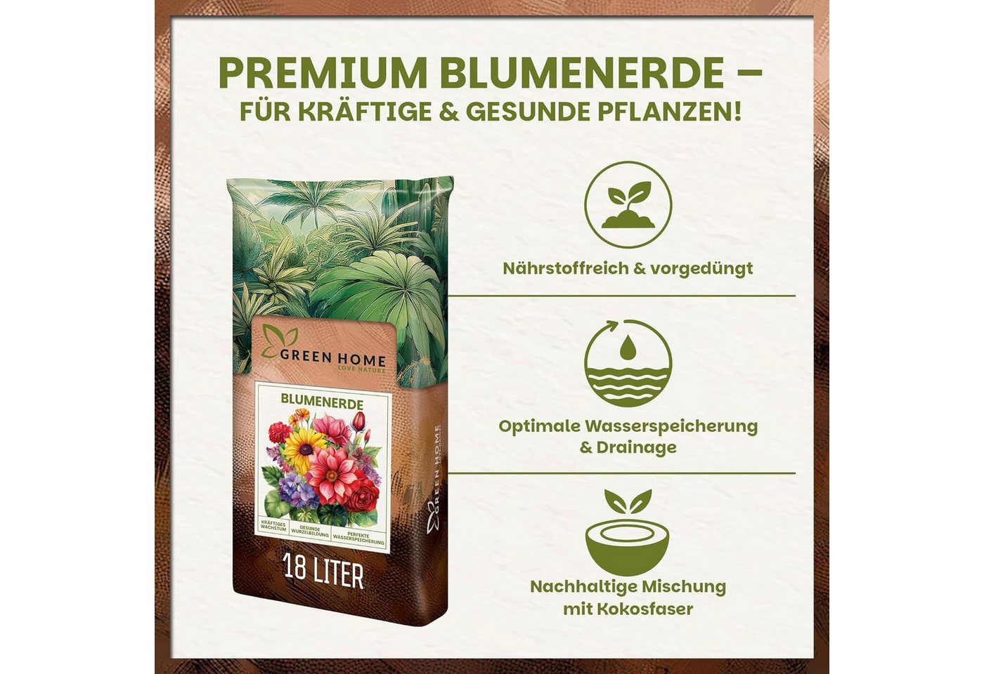GREEN HOME LOVE NATURE Blumenerde Blumenerde, Pflanzerde für Zimmerpflanzen, Balkon & Garten 18 L, 36 L, 72 L, Langzeitdünger, Perlite, Kokosfasern, pH 5,8, gute Drainage Bild 4