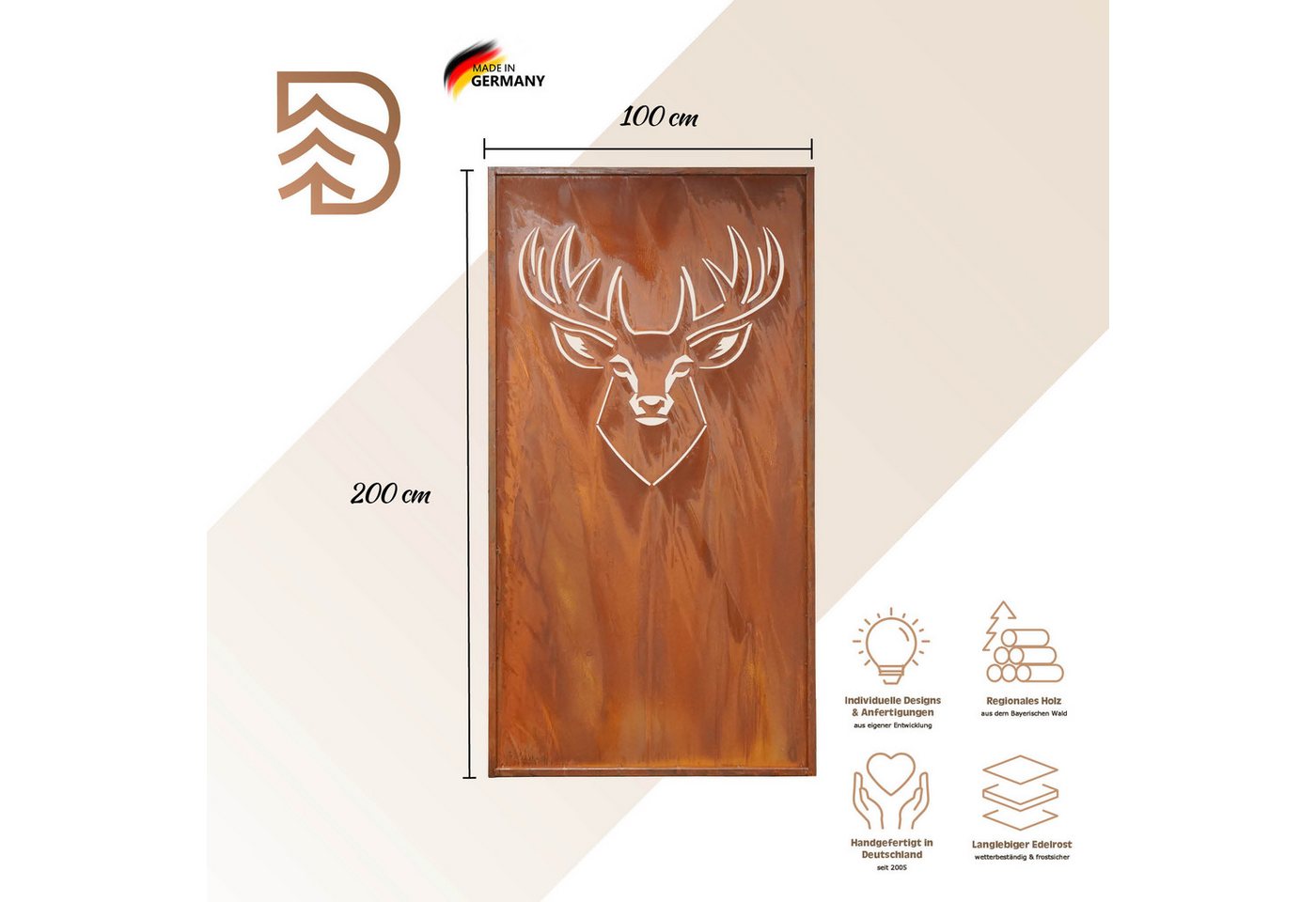 BADEKO Sichtschutzelement Sichtschutz Paravent Hirsch 200x100cm aus Edelrost in Cortenstahloptik