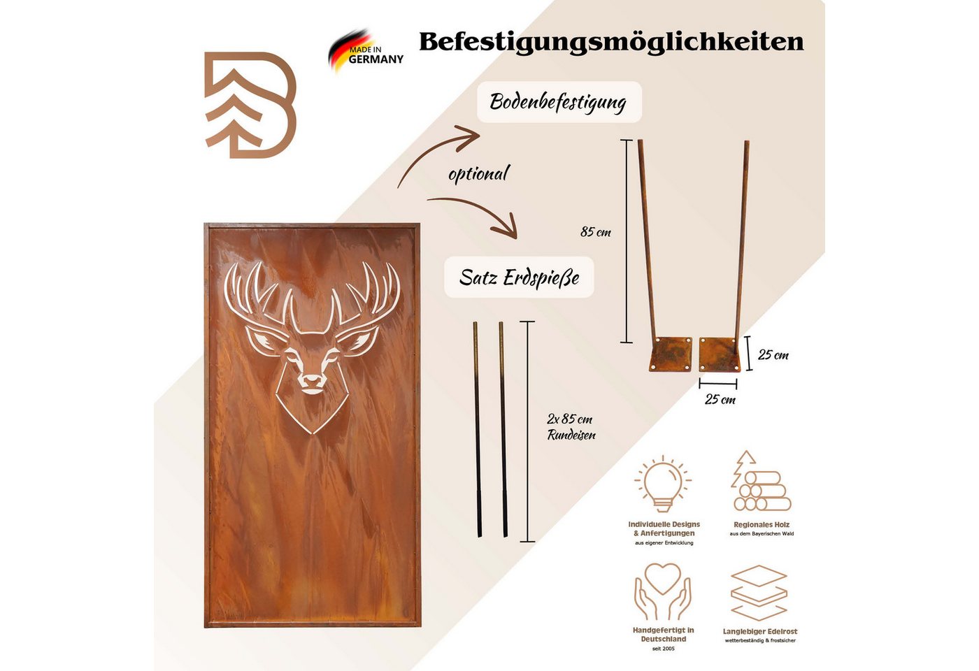 BADEKO Sichtschutzelement Sichtschutz Paravent Hirsch 200x100cm aus Edelrost in Cortenstahloptik Bild 2