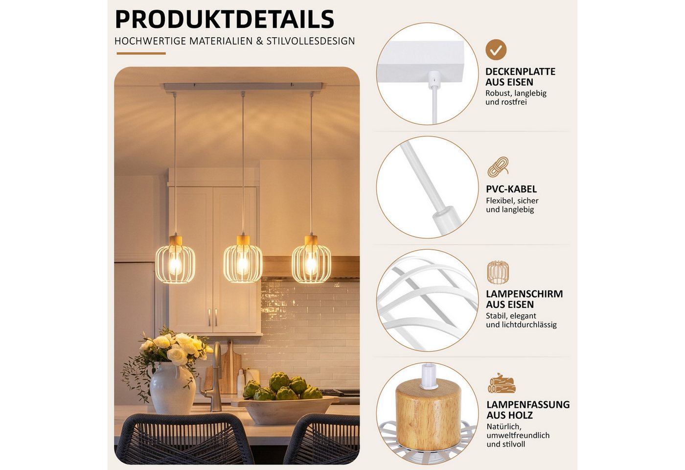 ZMH Pendelleuchte Grau & Weiß 3-flammige, E27, Holz+Eisen, für Esszimmer & Küche, ohne Leuchtmittel, Offener Lampenschirm, maximal 25 W pro Kopf, ohne Glühbirne Bild 2