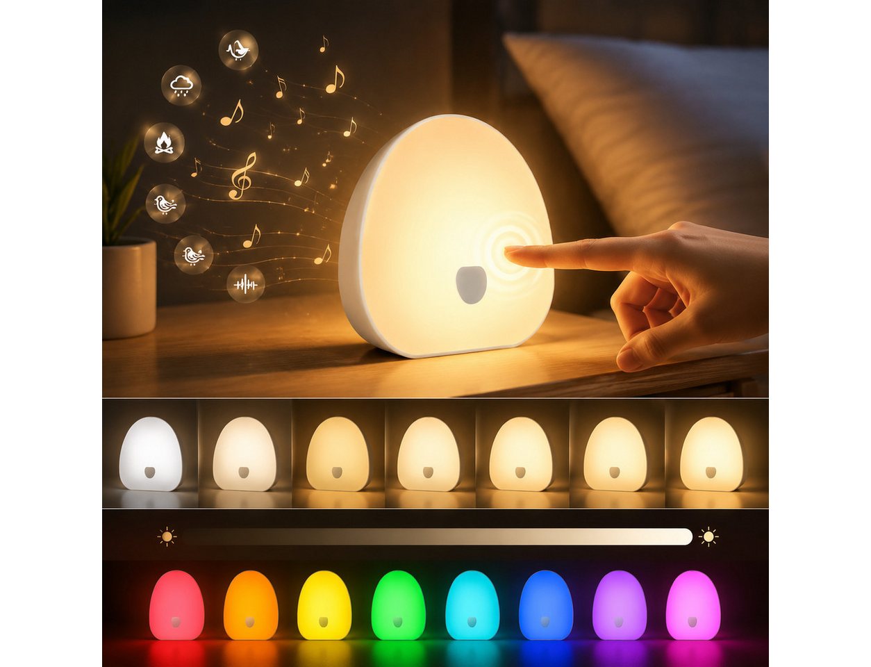 Vornix LED Nachtlicht LED Schlaflicht Touch Lampe mit RGB Farben, Dimmbar & Schlafgeräusche, Timer 15/30 Min, USB-C Aufladbar, Schlafhilfe für Baby, Erwachsene, Senioren Bild 2