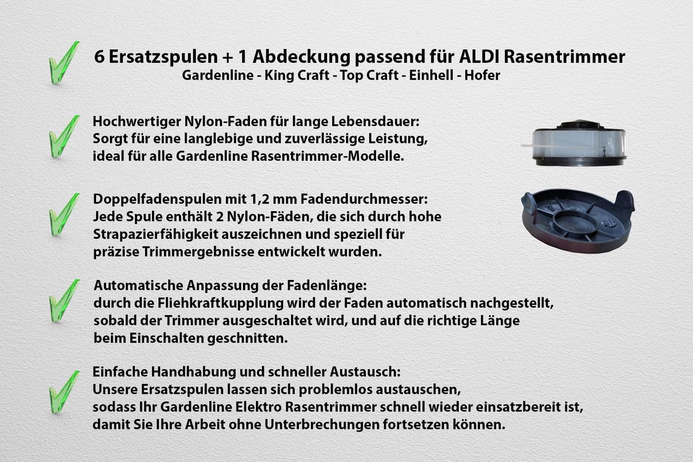 VABIONO Rasentrimmer-Ersatzspule Spulen + Deckel für ALDI Gardenline TopCraft KingCraft Trimmer 7 Stück, (7-St., 6 Ersatzspulen + 1 Spulendeckel), Kostenloser Versand Bild 5