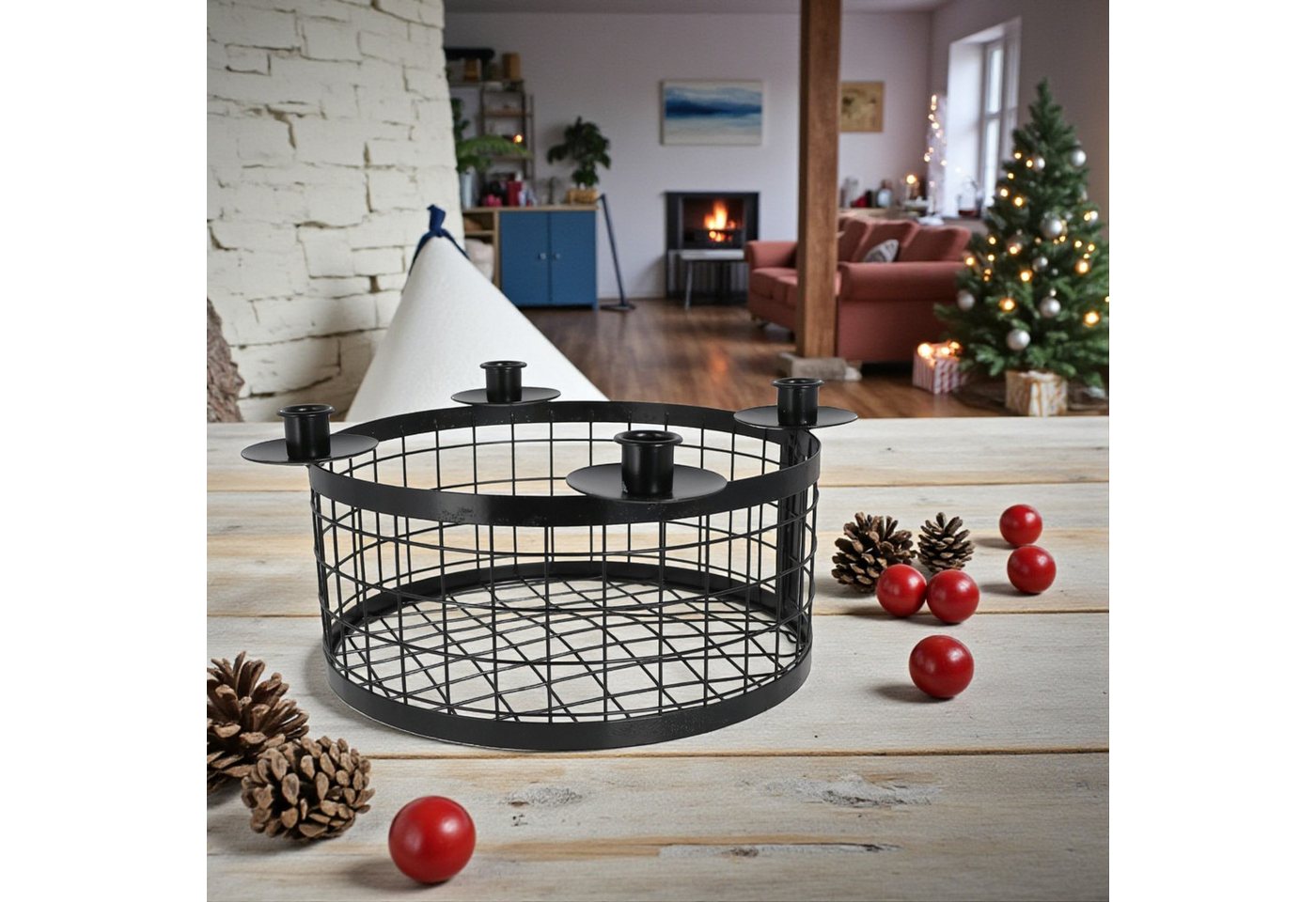 Macosa Home Adventskranz Korb Schwarz Metall 20cm od. 35 cm modern, elegantes Adventsgesteck 4 Kerzenhalter
