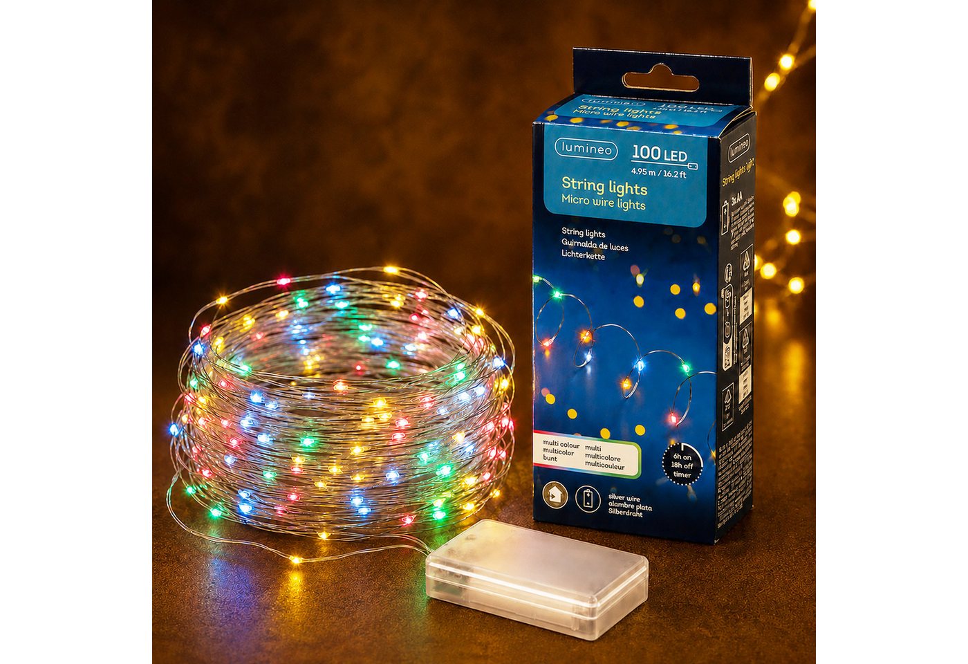 Lumineo LED-Lichterkette, LED Lichterkette mit Timer / Batteriebetrieb 495cm 100 LEDs Bunt Bild 4