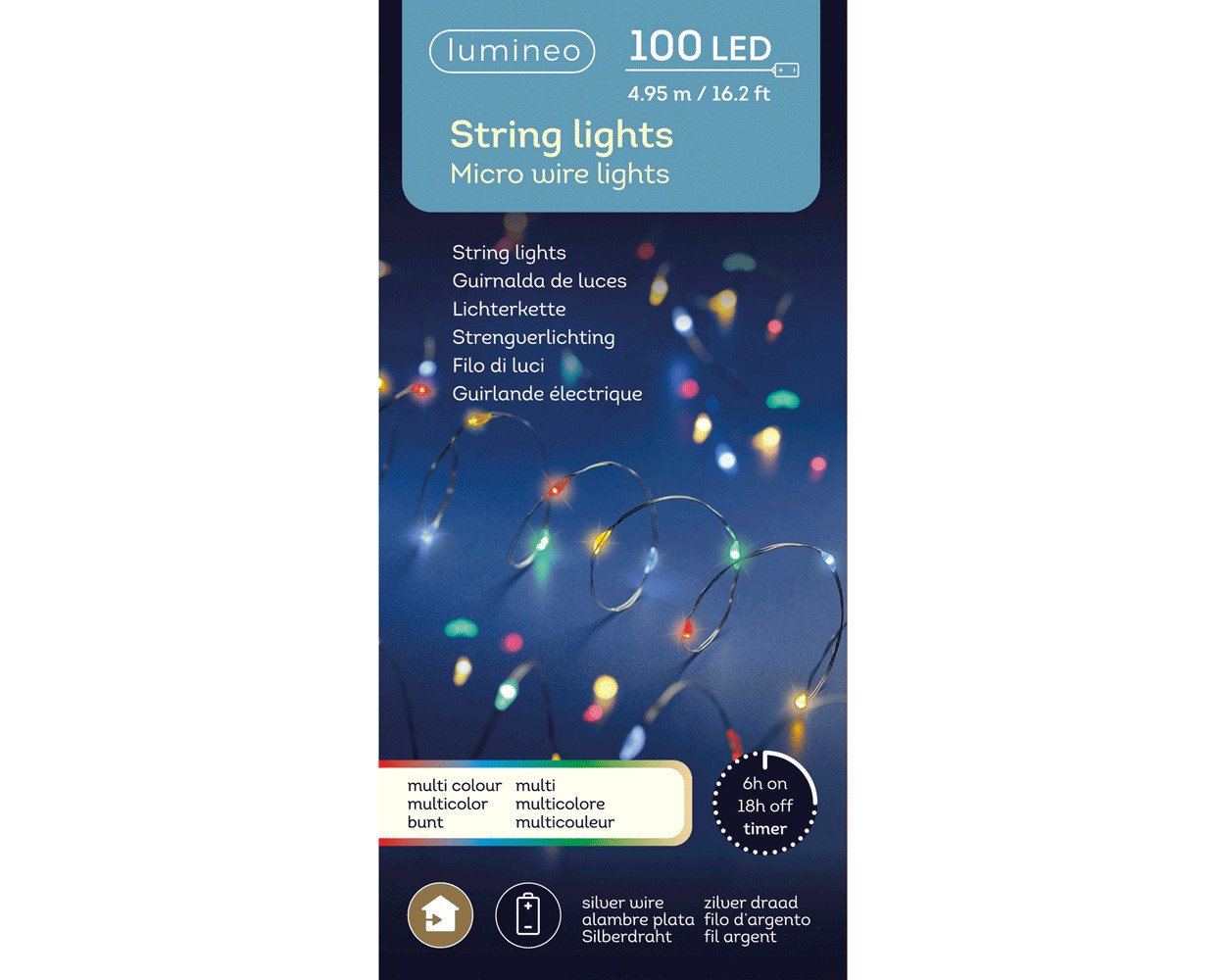 Lumineo LED-Lichterkette, LED Lichterkette mit Timer / Batteriebetrieb 495cm 100 LEDs Bunt Bild 5