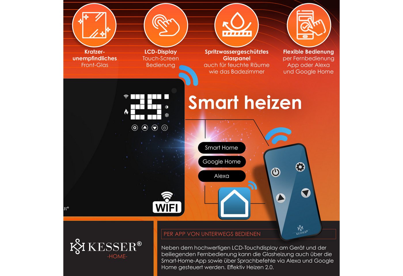 KESSER Heizgerät, 2500 W, Glaskonvektor mit APP, WiFi & Fernbedienung