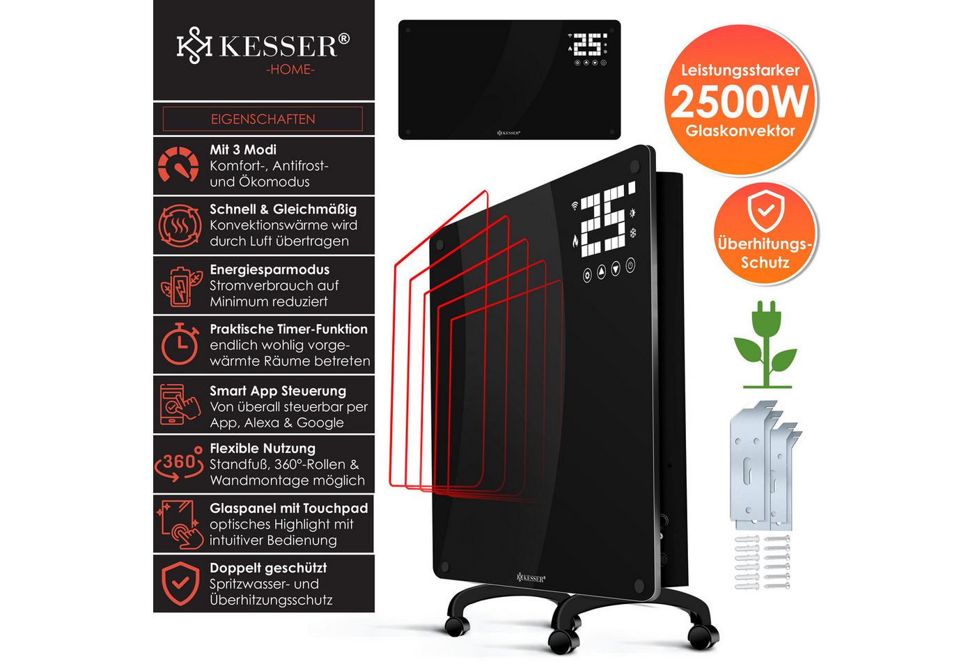 KESSER Heizgerät, 2500 W, Glaskonvektor mit APP, WiFi & Fernbedienung Bild 2