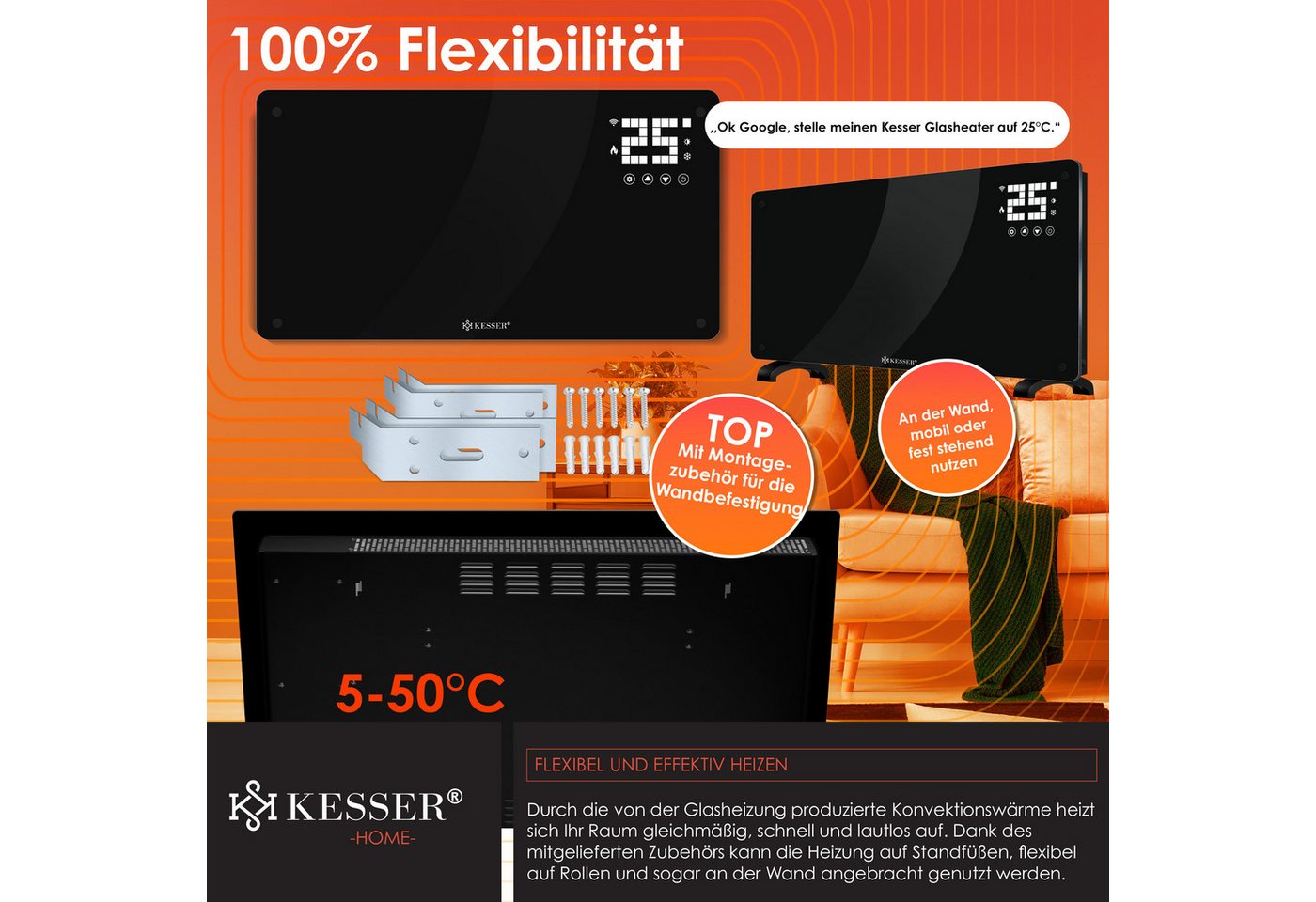 KESSER Heizgerät, 2500 W, Glaskonvektor mit APP, WiFi & Fernbedienung Bild 3