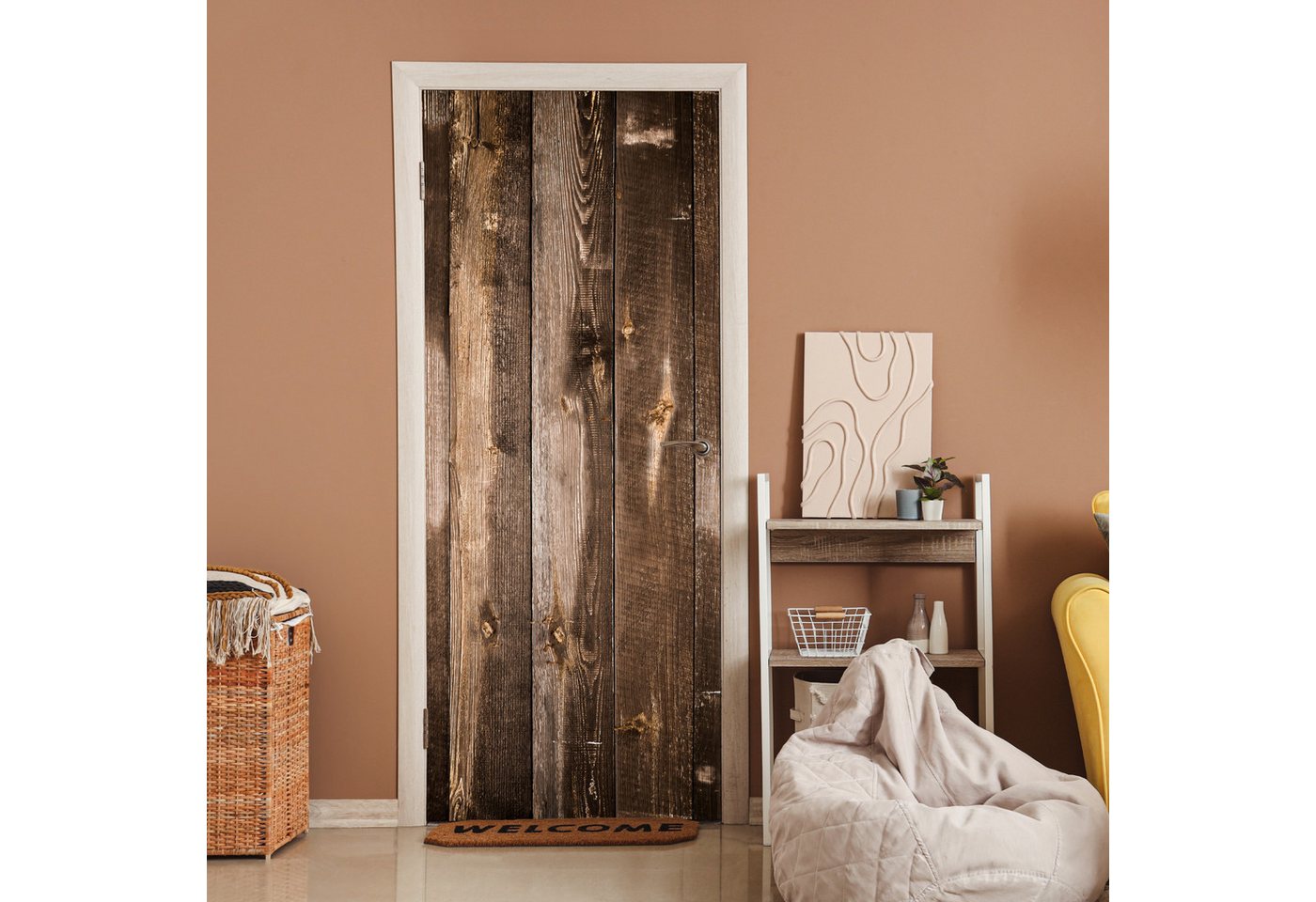 MuchoWow Türtapete Regal - Muster - Vintage - Holz, Matt, bedruckt, (1 St), Selbstklebende Tapete, Folie für Möbel, 70x215 cm
