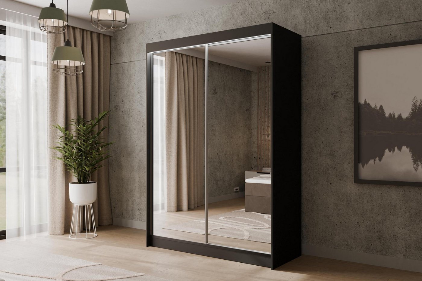 ALTDECOR Schiebetürenschrank AMOHA (Kleiderschrank Garderobenschrank mit viel Stauraum Moderner Schrank) Spiegel Spiegeltüren Vielseitiger Schwebetürenschrank LED Beleuchtung